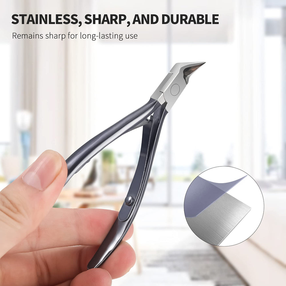 FERYES clipper's pointed tip aids careful corner nail work.