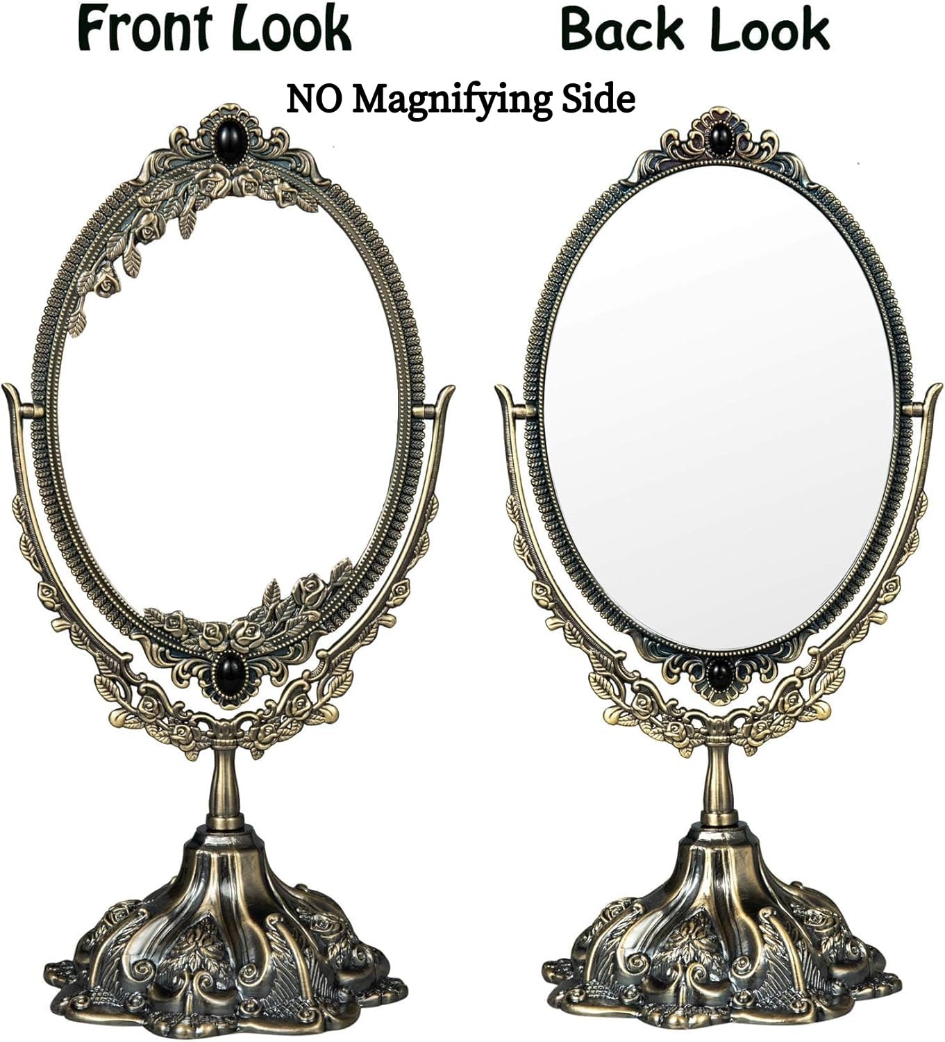 Feyarl bronze table-top mirror on dresser enhancing vintage decor.