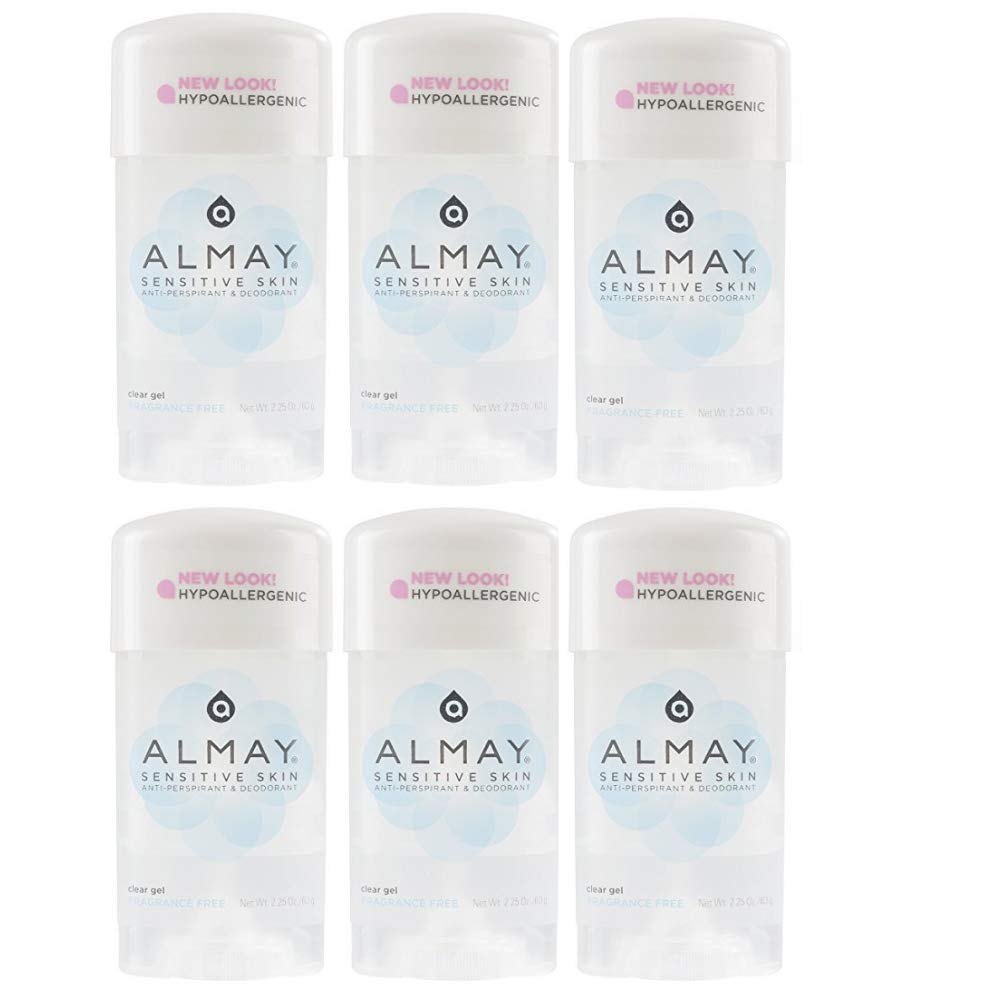 FF Almay Sensitive Skin clear gel fragrance-free bottle closeup, gentle underarm protection.