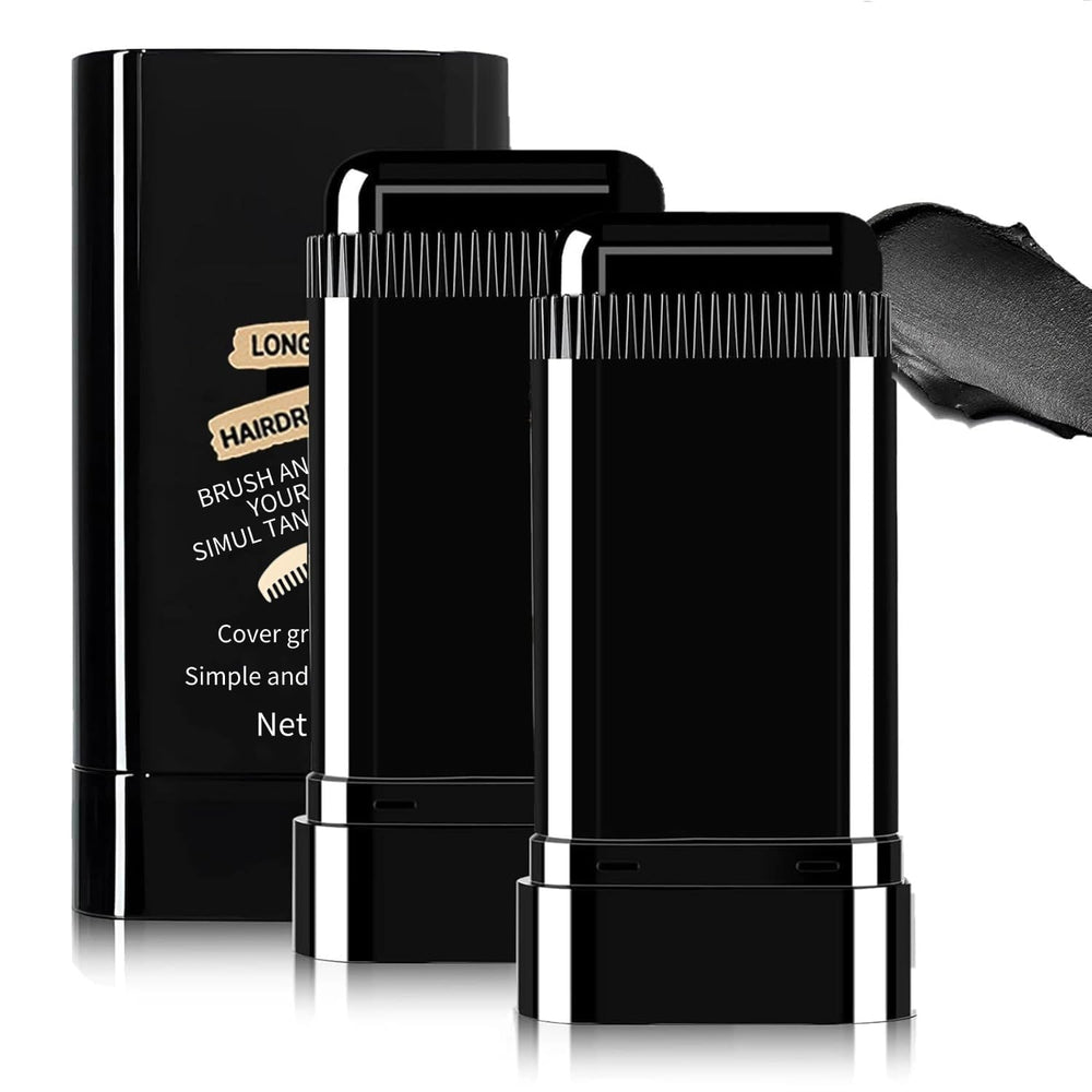 FHH Safe and Convenient Comb Dye Stick applied to dark hair for quick root touch-ups.