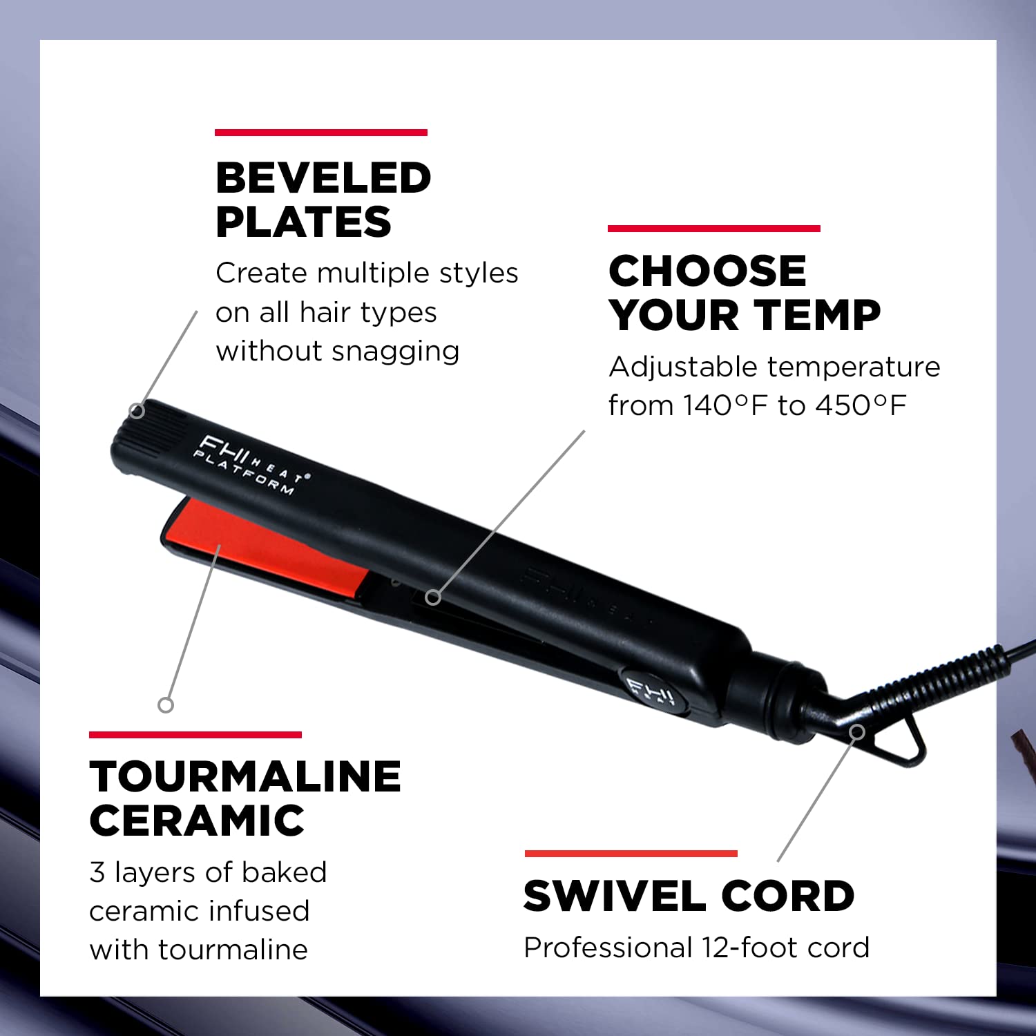 FHI Heat Platform Pro temperature control enables precise styling from 140 to 450 degrees.