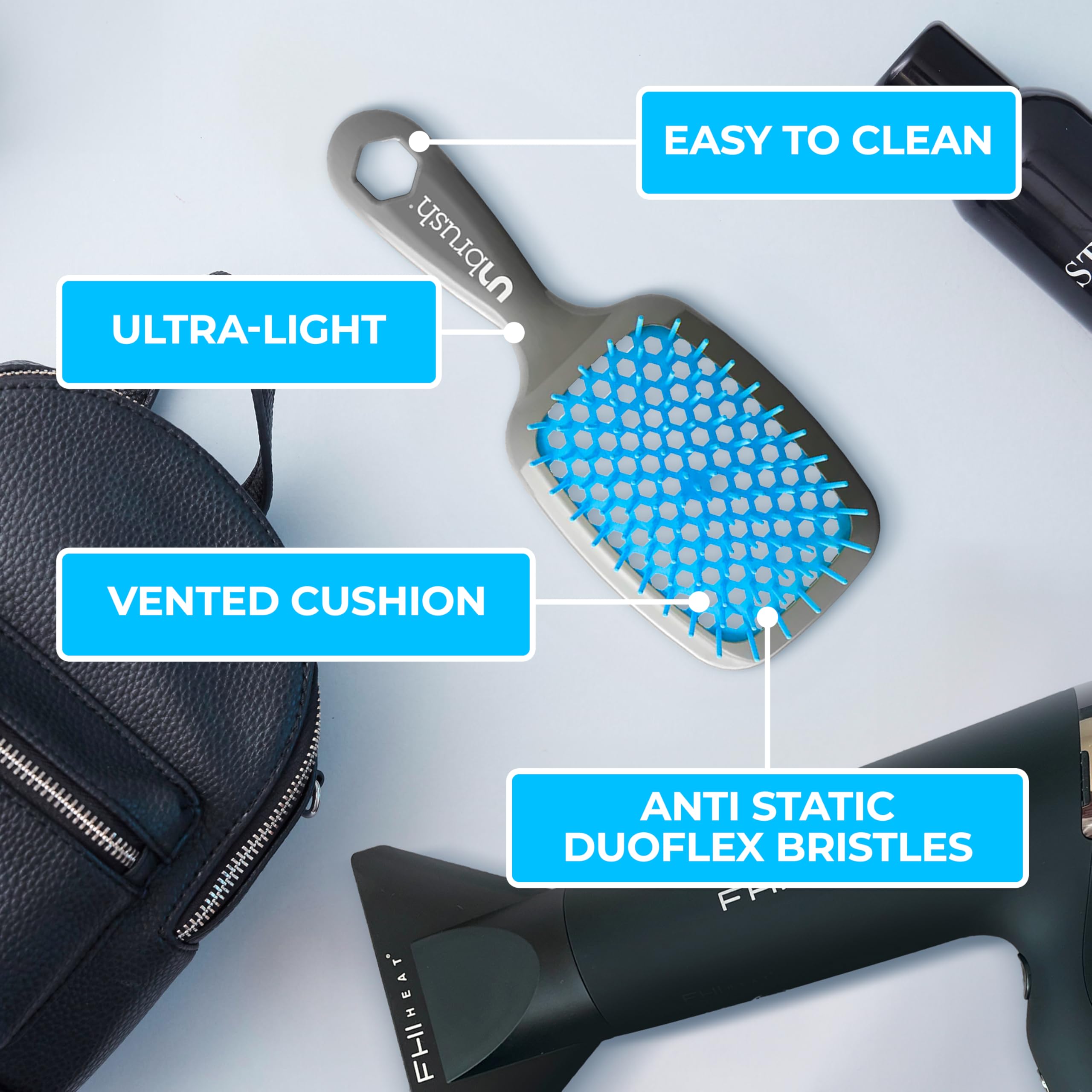 FHI Heat UNbrush anti-static bristles helping prevent static during brushing.
