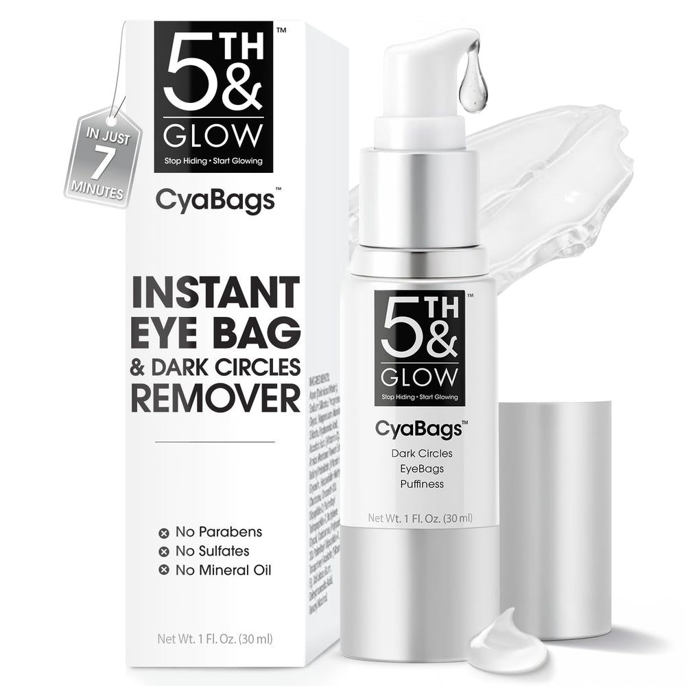5th & Glow Cyabags eye serum tube close-up showing smooth texture and puffiness reduction