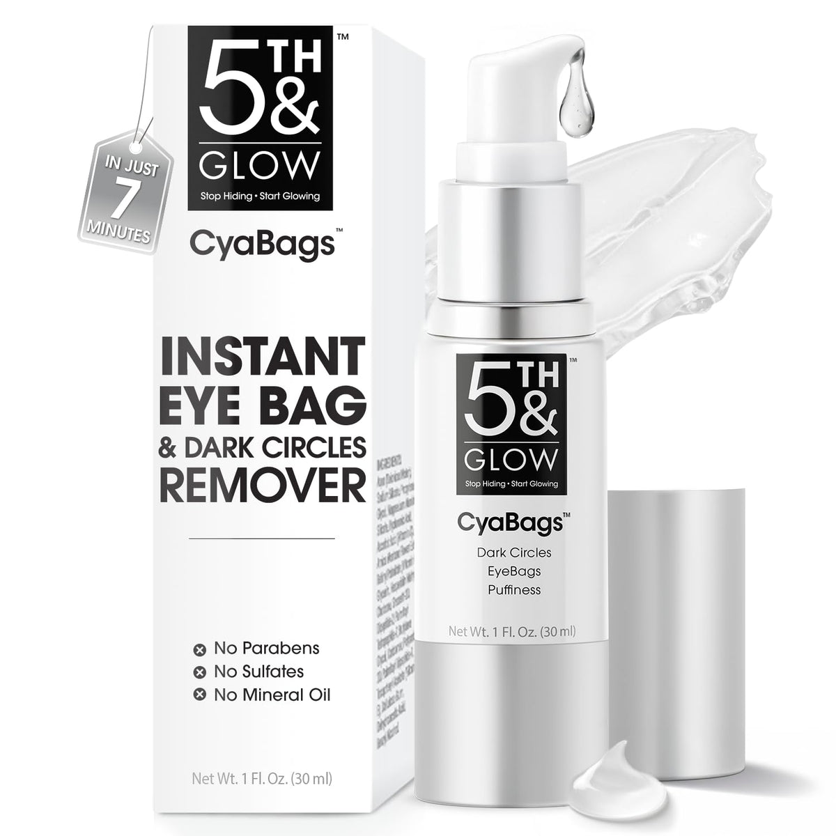 5th & Glow Cyabags eye serum tube close-up showing smooth texture and puffiness reduction