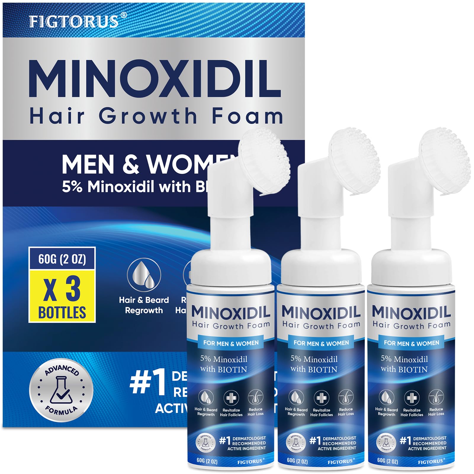 Figtorus 5% Minoxidil Foam bottle close-up for fuller-looking hair