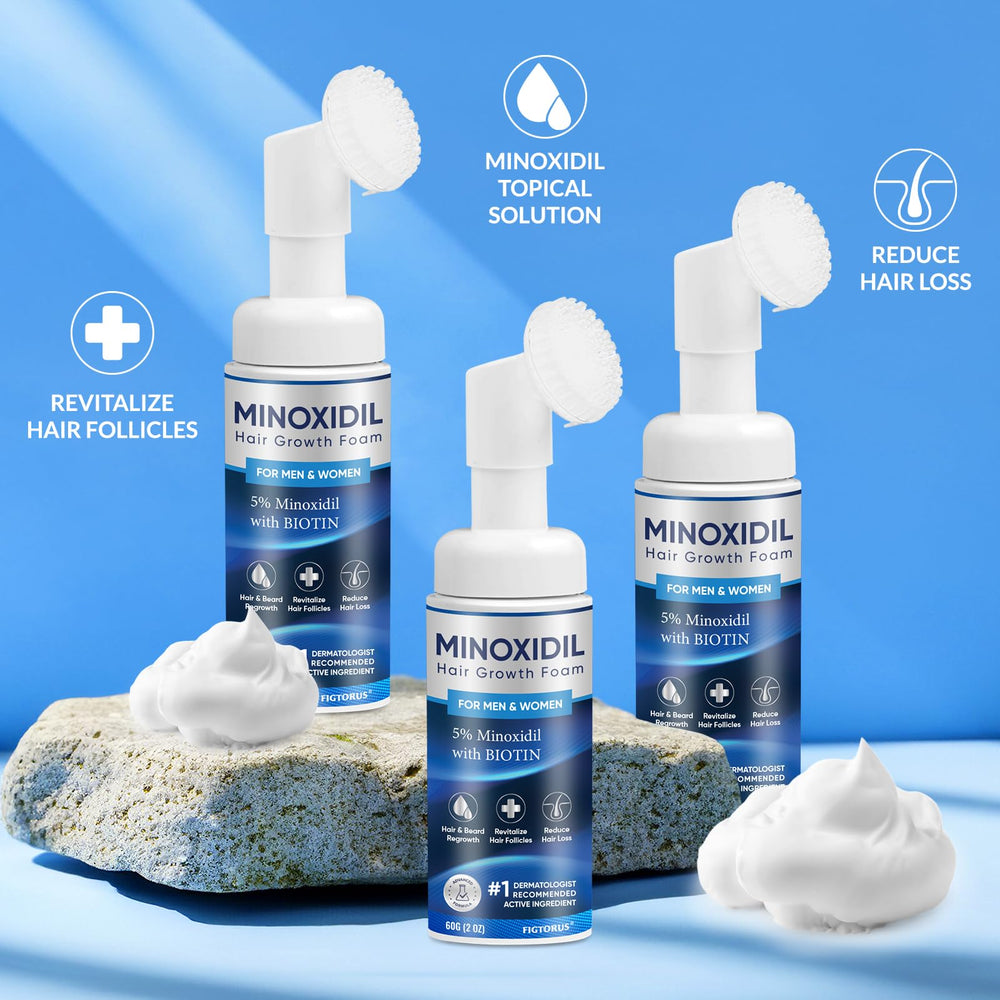 Figtorus Minoxidil Foam bottle with box on bathroom shelf supporting daily hair care