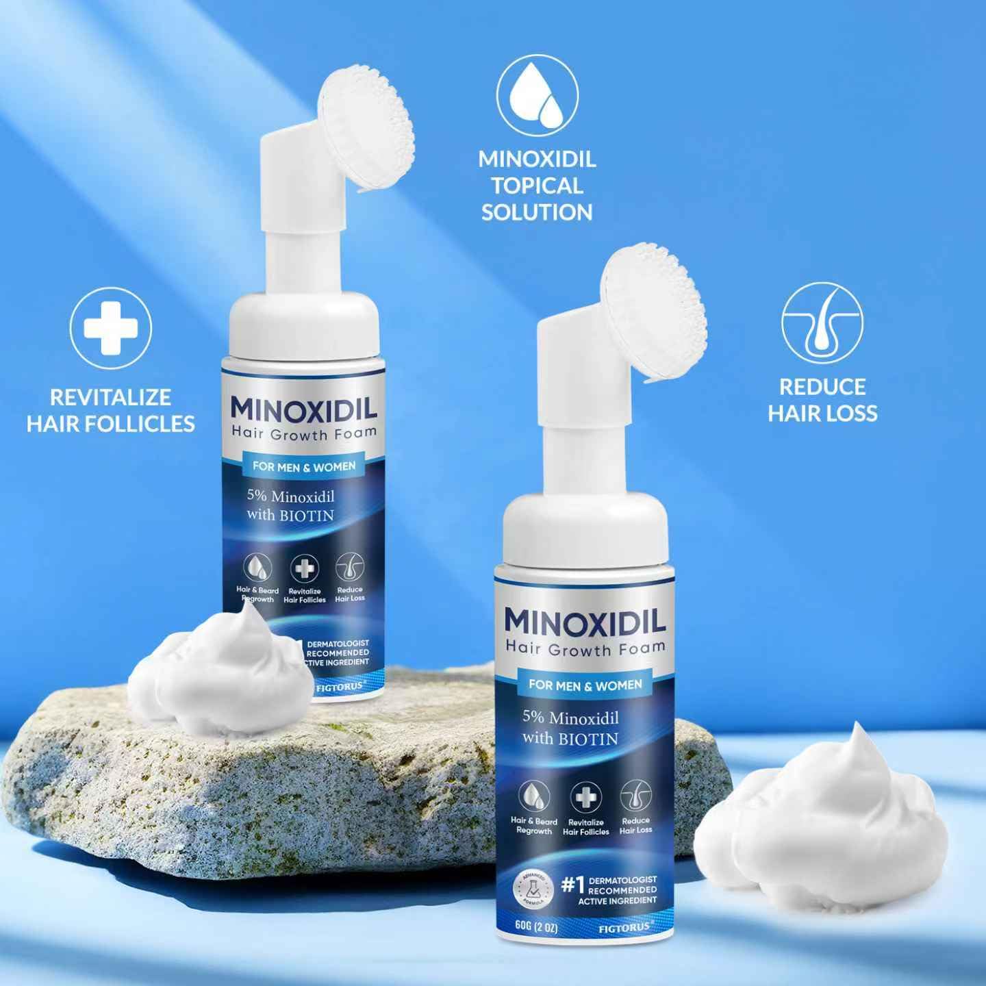FIGTORUS Minoxidil Foam ingredients with Biotin and Castor Oil, highlighting scalp nourishment.
