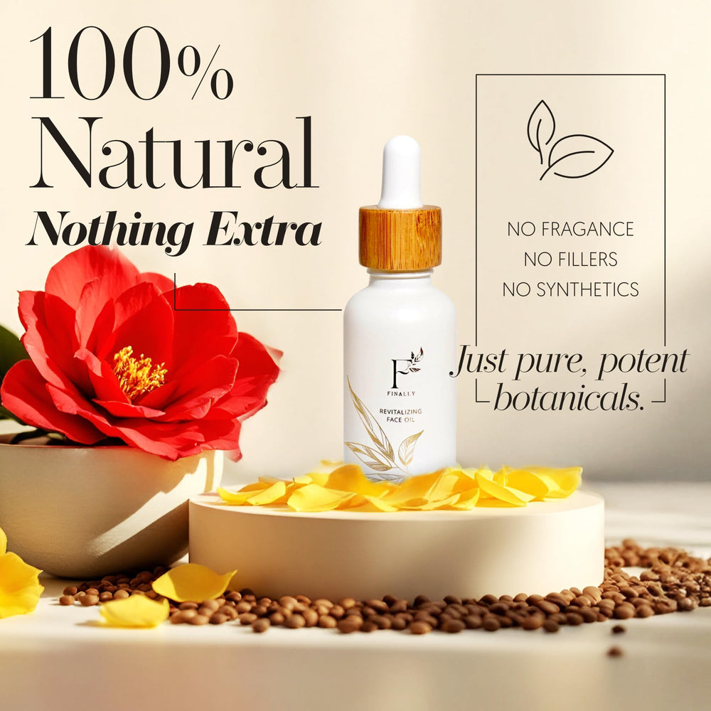 Finally Rice Bran Oil bottle close-up shows brightening properties for even skin tone.