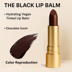 Finding Ferdinand Black Lip Balm application close-up highlighting sheer to buildable berry shade.