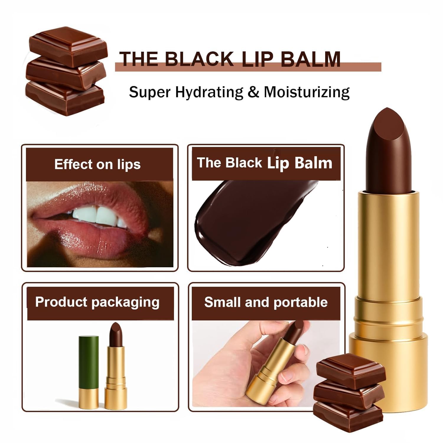 Finding Ferdinand Black Lip Balm compact shot emphasizing sleek, travel-friendly tube.