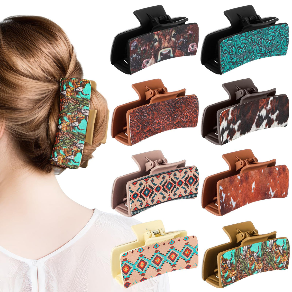FineCheer Christmas Western leather hair clip in brown cow print for secure, stylish hold
