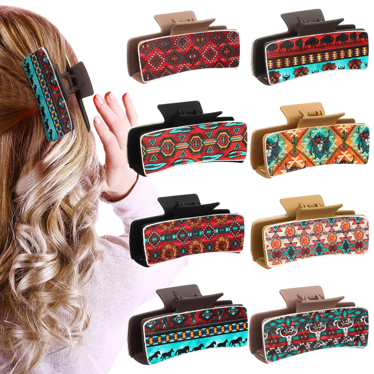 FineCheer western leather hair clip cow print closeup with secure grip for hair