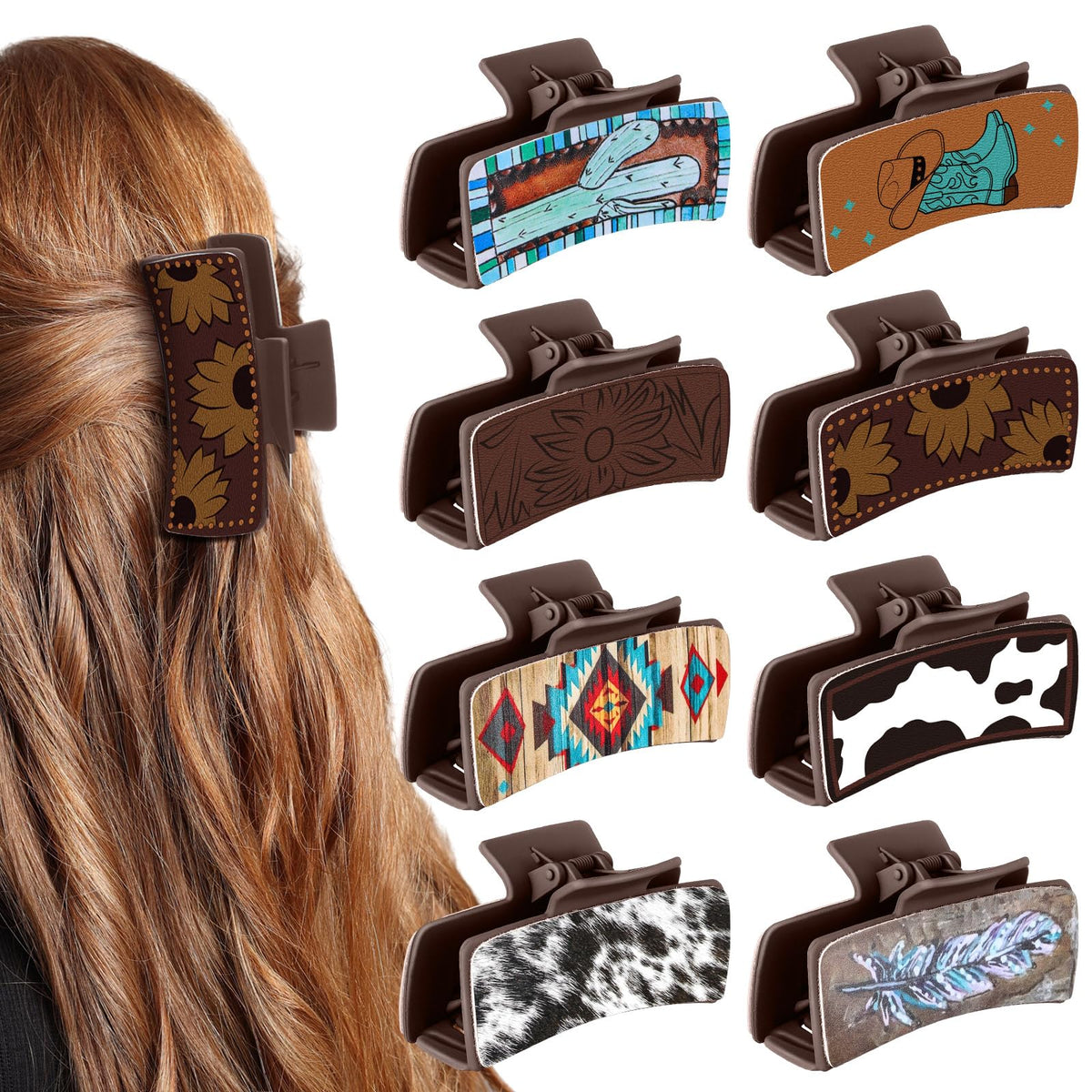FineCheer western leather hair clip 8-pack for versatile daily styling and festive outfits.