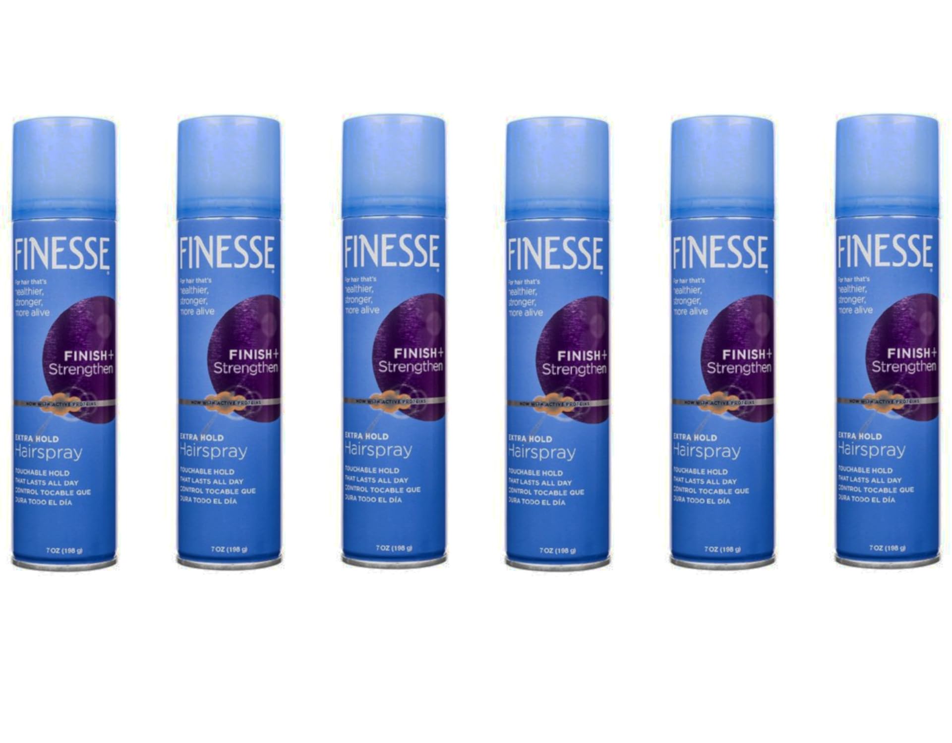 Finesse extra hold hairspray can-top showing strong hold for day-long styles.