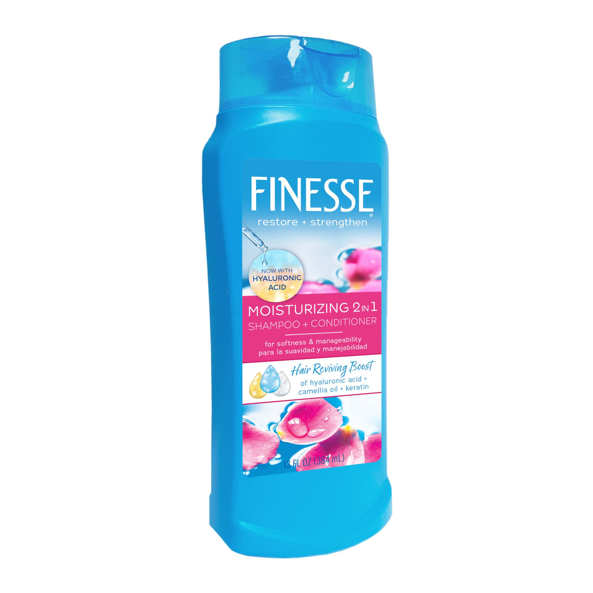 FINESSE Restore + Strengthen bottle front shows smoother, more manageable hair after a single wash