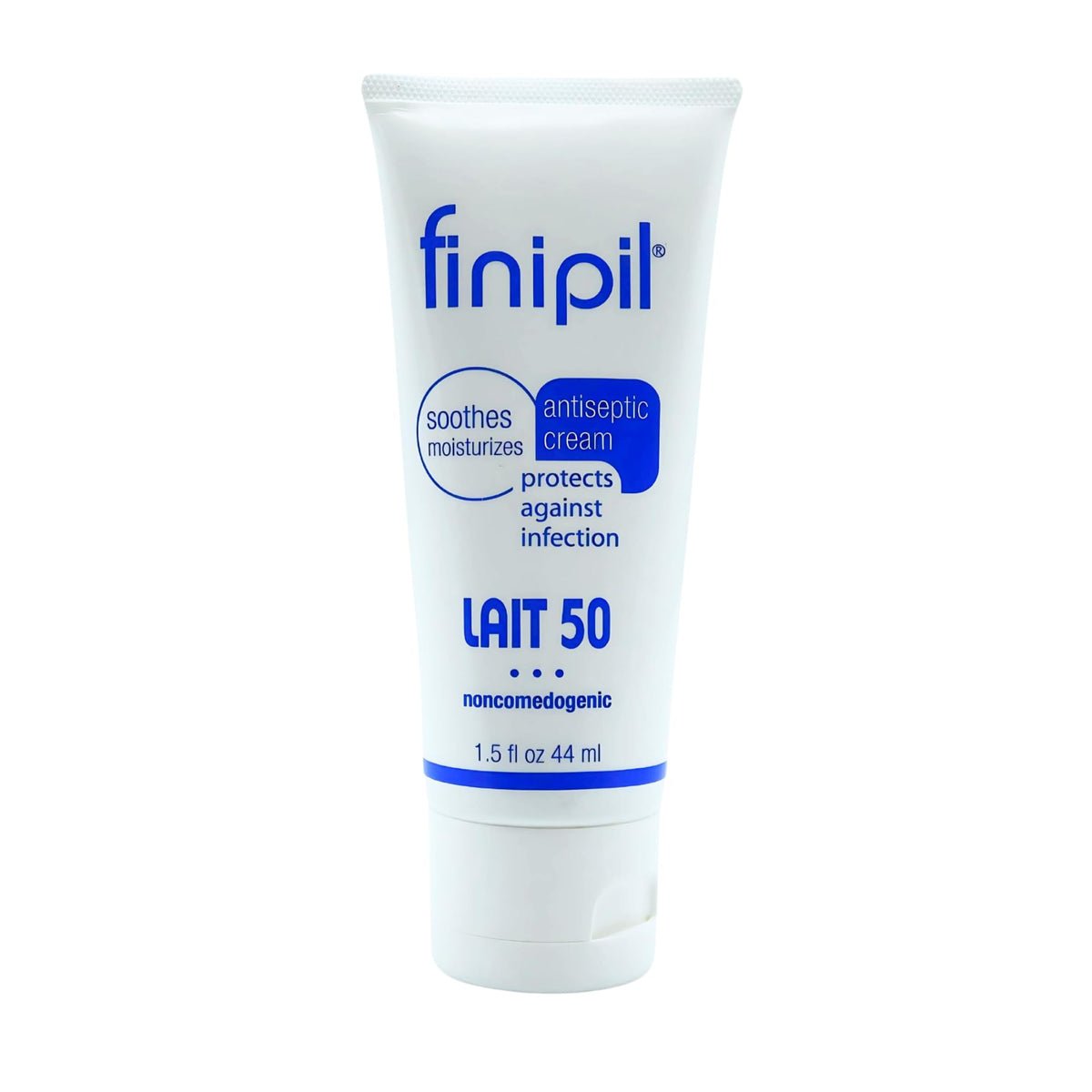 Finipil Lait 50 antiseptic cream bottle closeup supports post-hair-removal care and infection prevention.