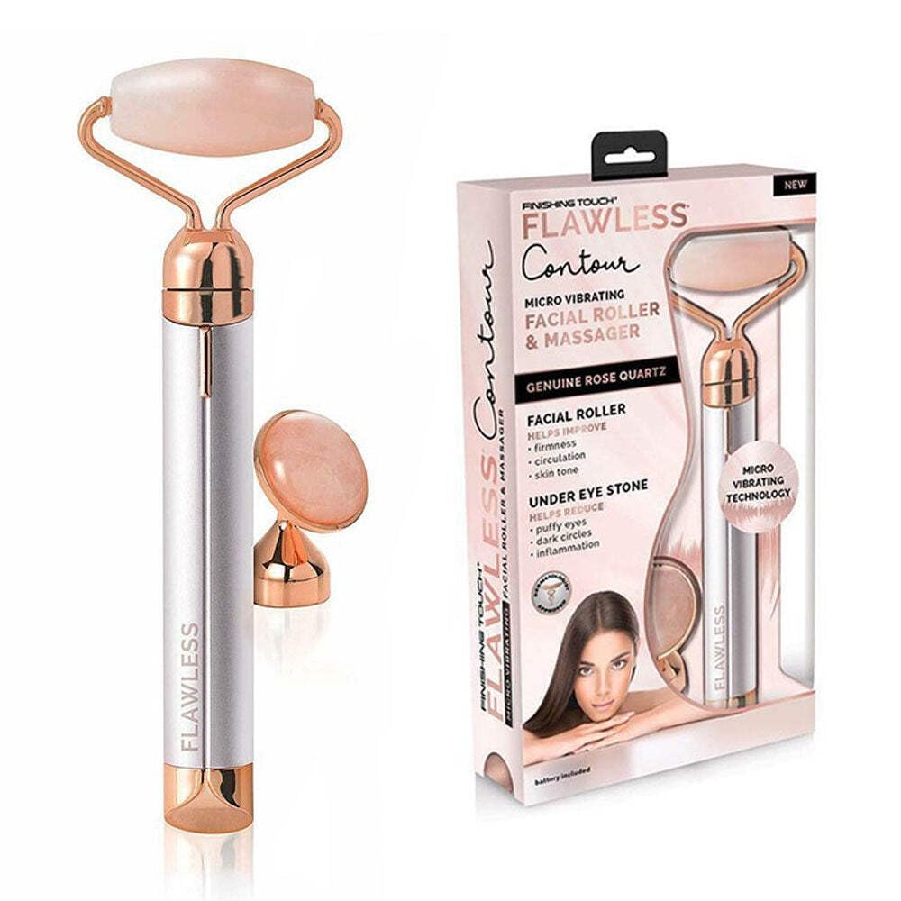 Finishing Touch Flawless Contour rose quartz roller close-up for soothing facial massage.