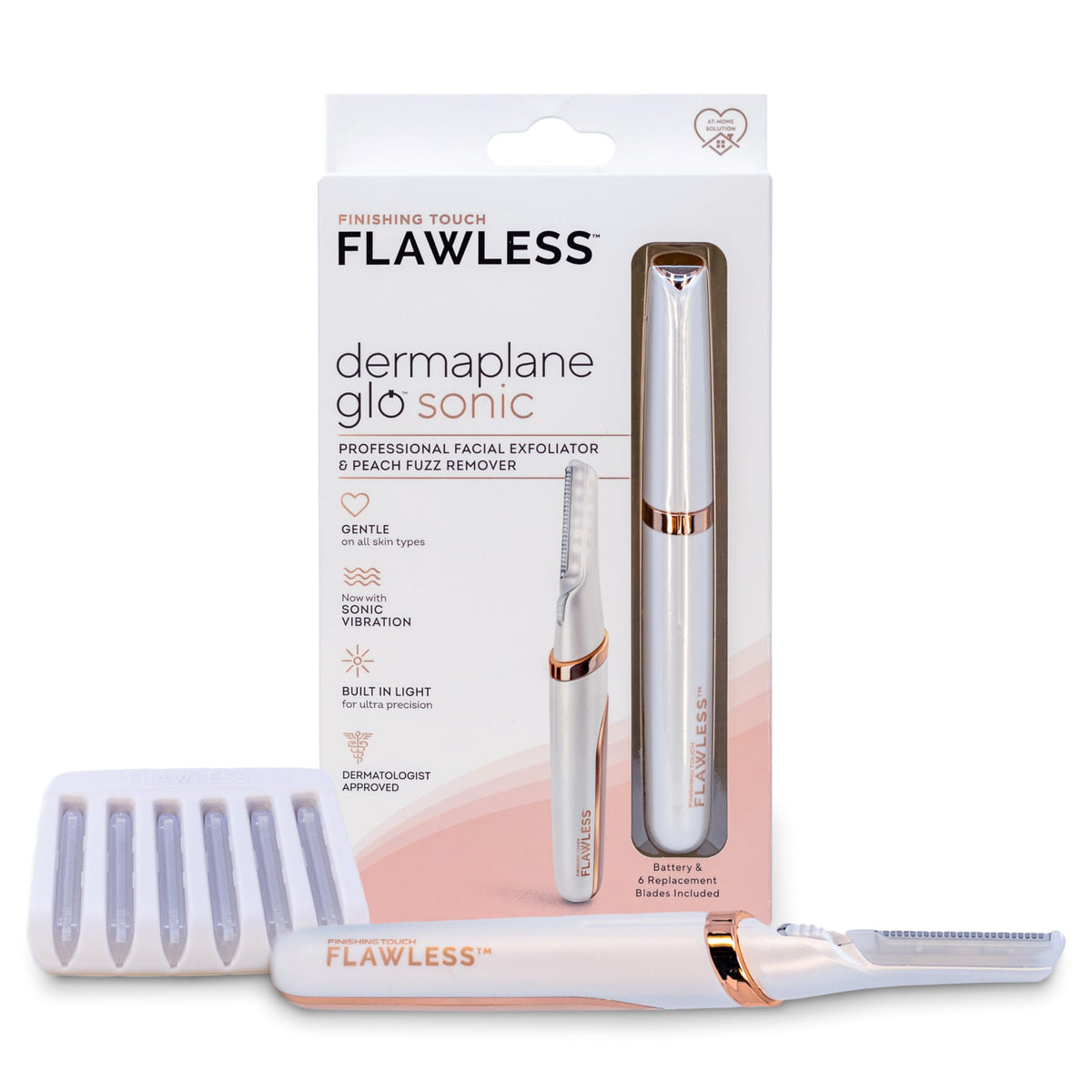 Finishing Touch Flawless Dermaplane Glo Sonic device for at-home dermaplaning with precision.