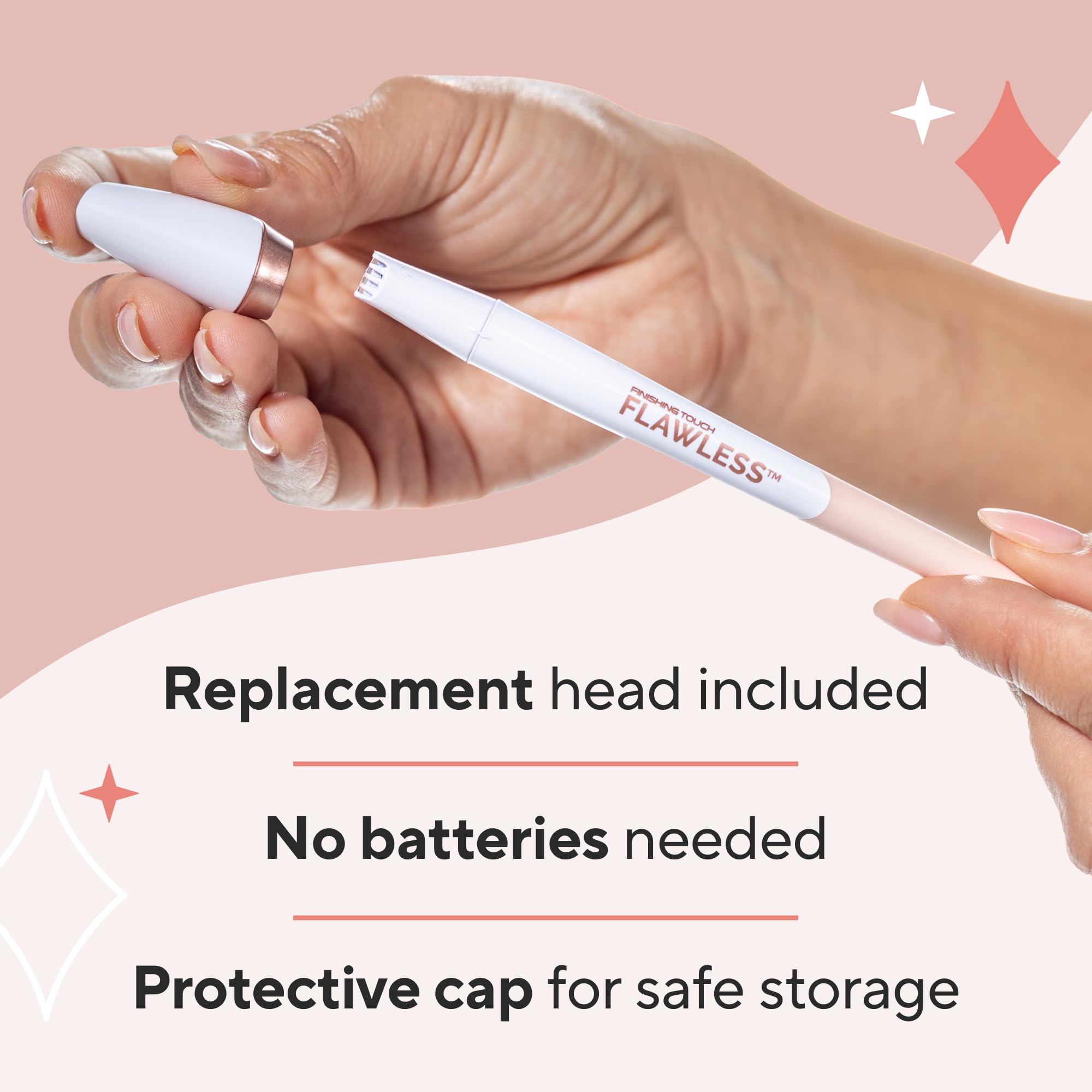 Finishing Touch Flawless Stray Hair Remover demonstrates use on fingers and toes.