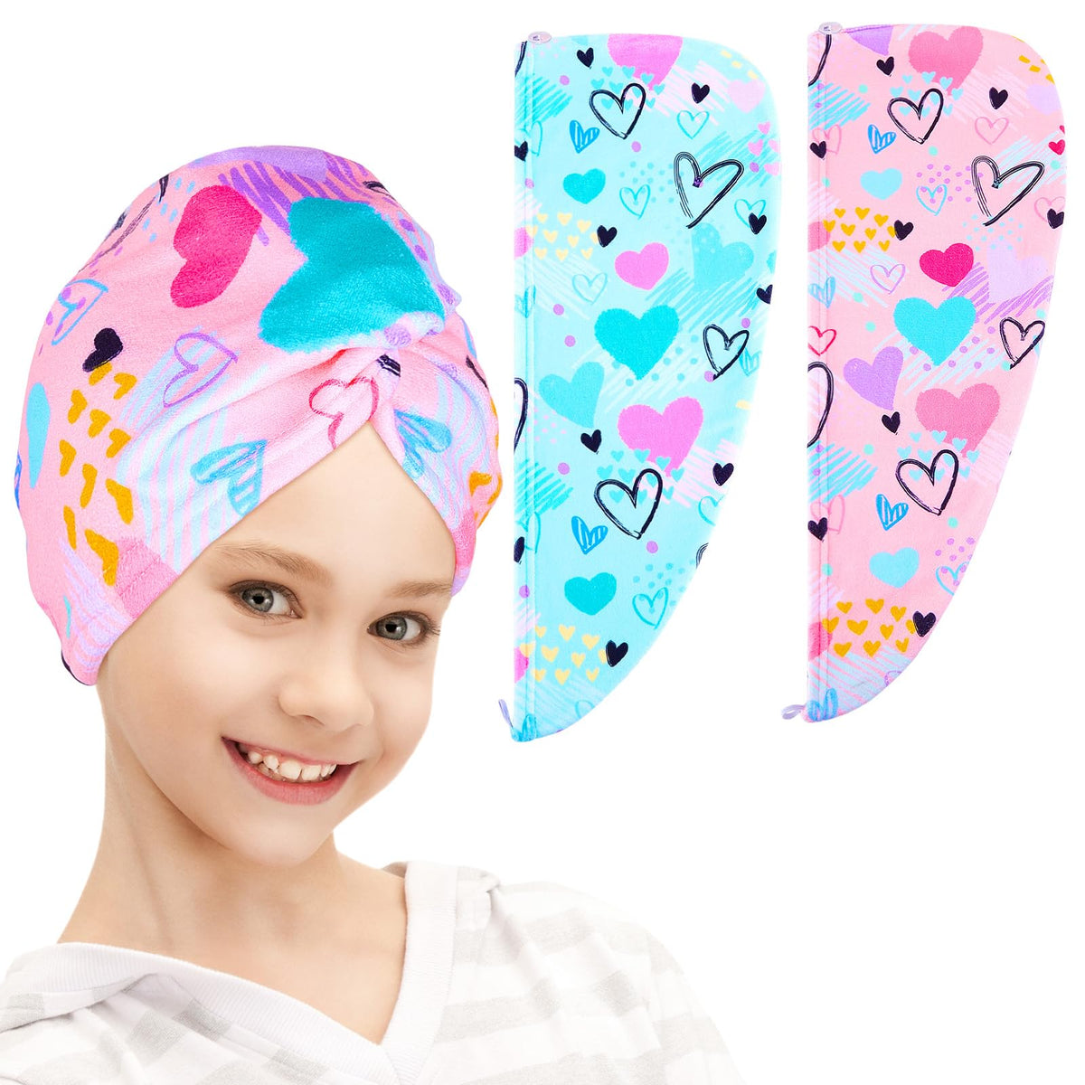 FIOBEE microfiber towel wrap for kids in a two-pack with vibrant patterns speeds drying
