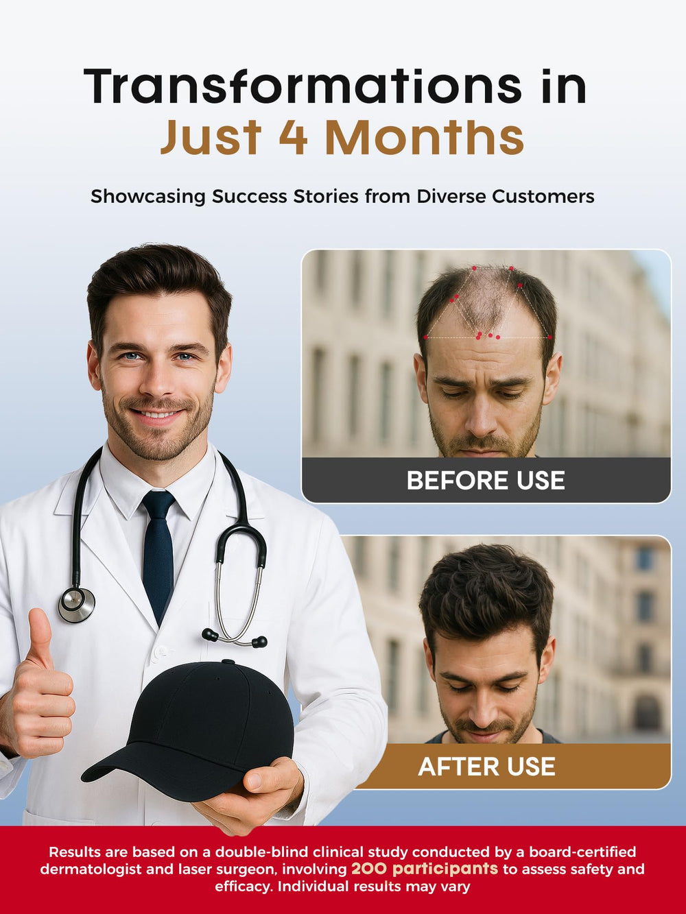 Fiogeo hair growth cap worn on head illustrates lightweight, ergonomic fit for home therapy.