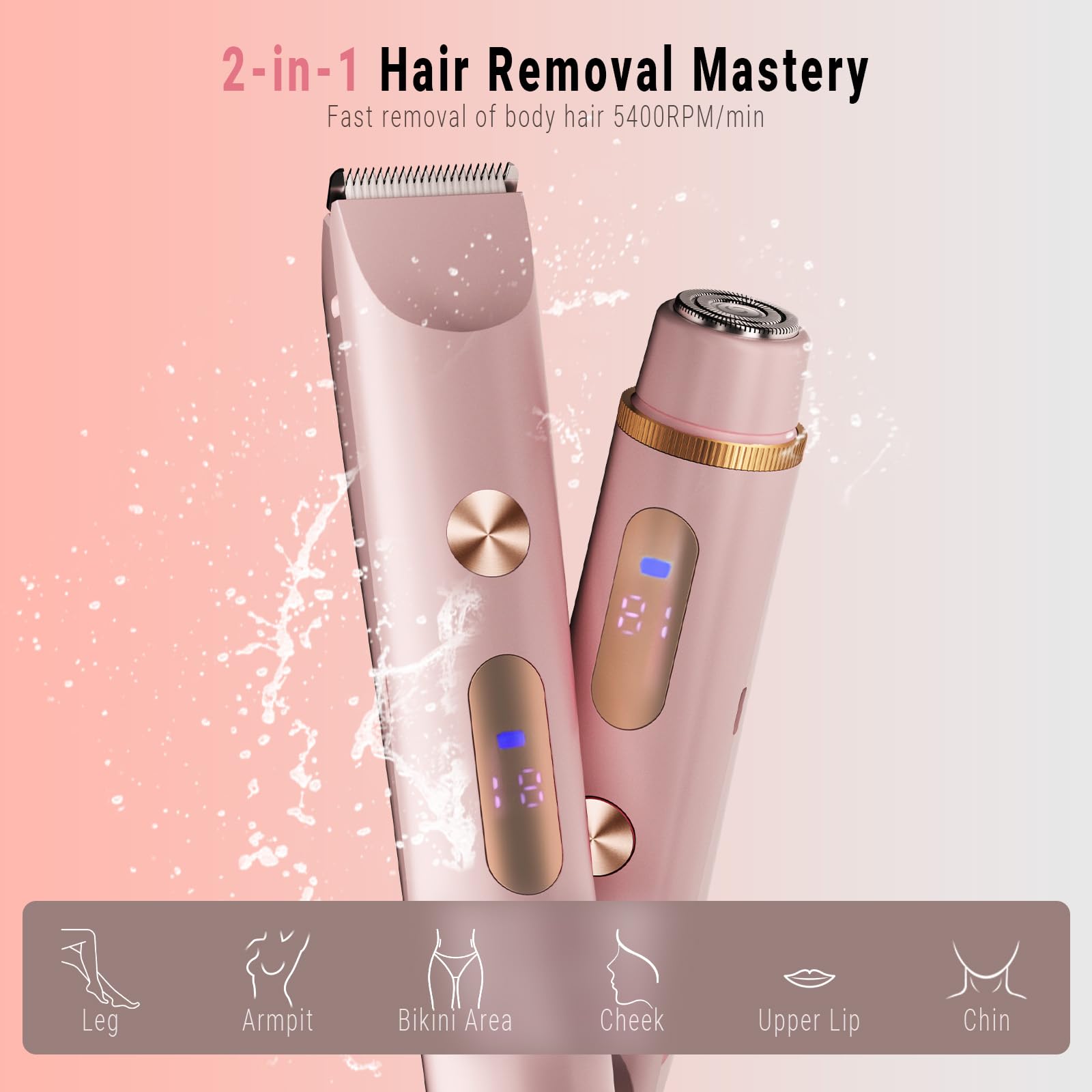 FIONOFY 2-in-1 bikini trimmer dual-head usage, versatile for face and body grooming.