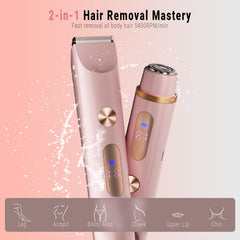 FIONOFY 2-in-1 bikini trimmer dual-head usage, versatile for face and body grooming.