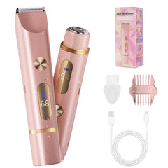 FIONOFY 2-in-1 bikini trimmer front view pink for precise, comfortable shaving.