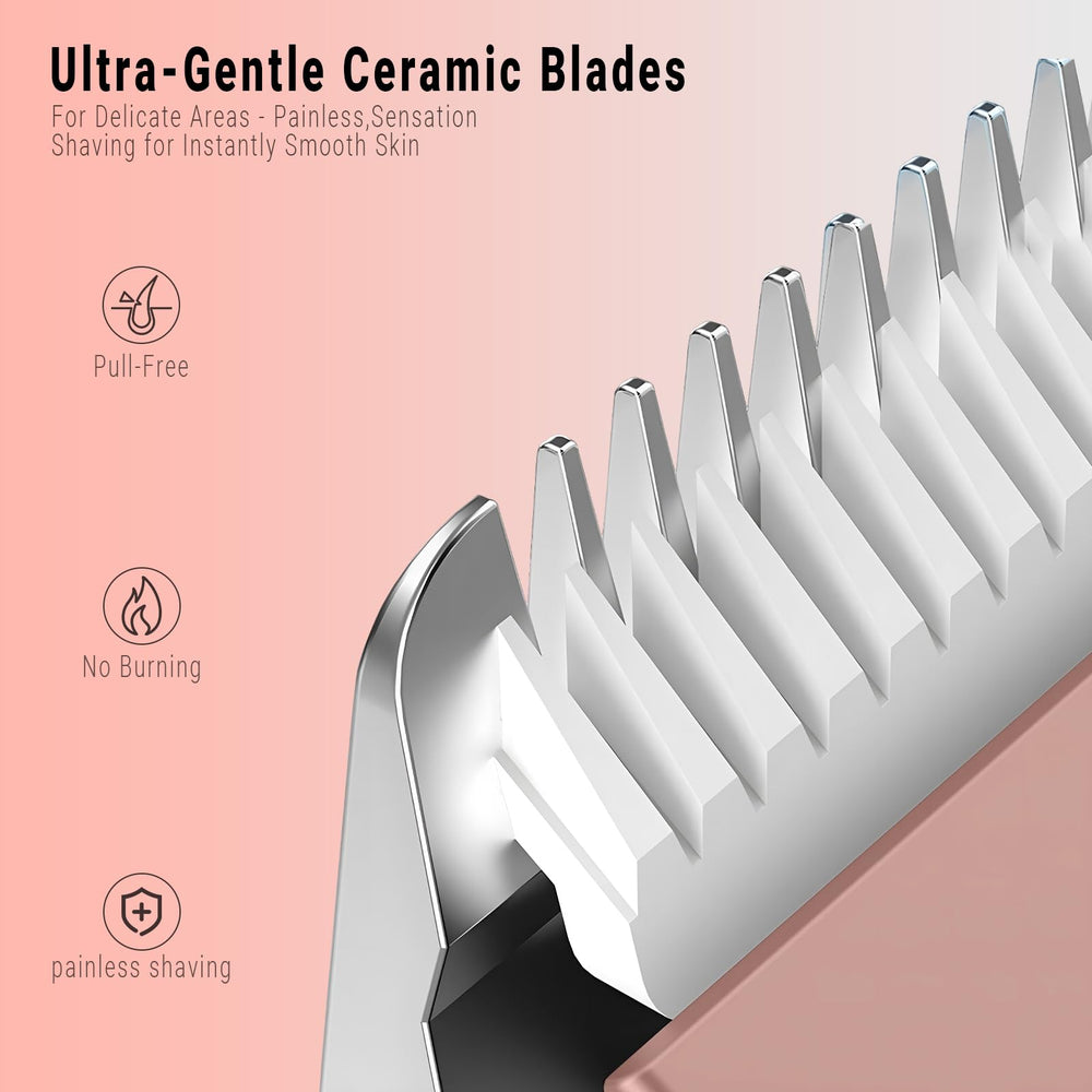 FIONOFY waterproof bikini trimmer shown shower-ready for easy cleanup after use.