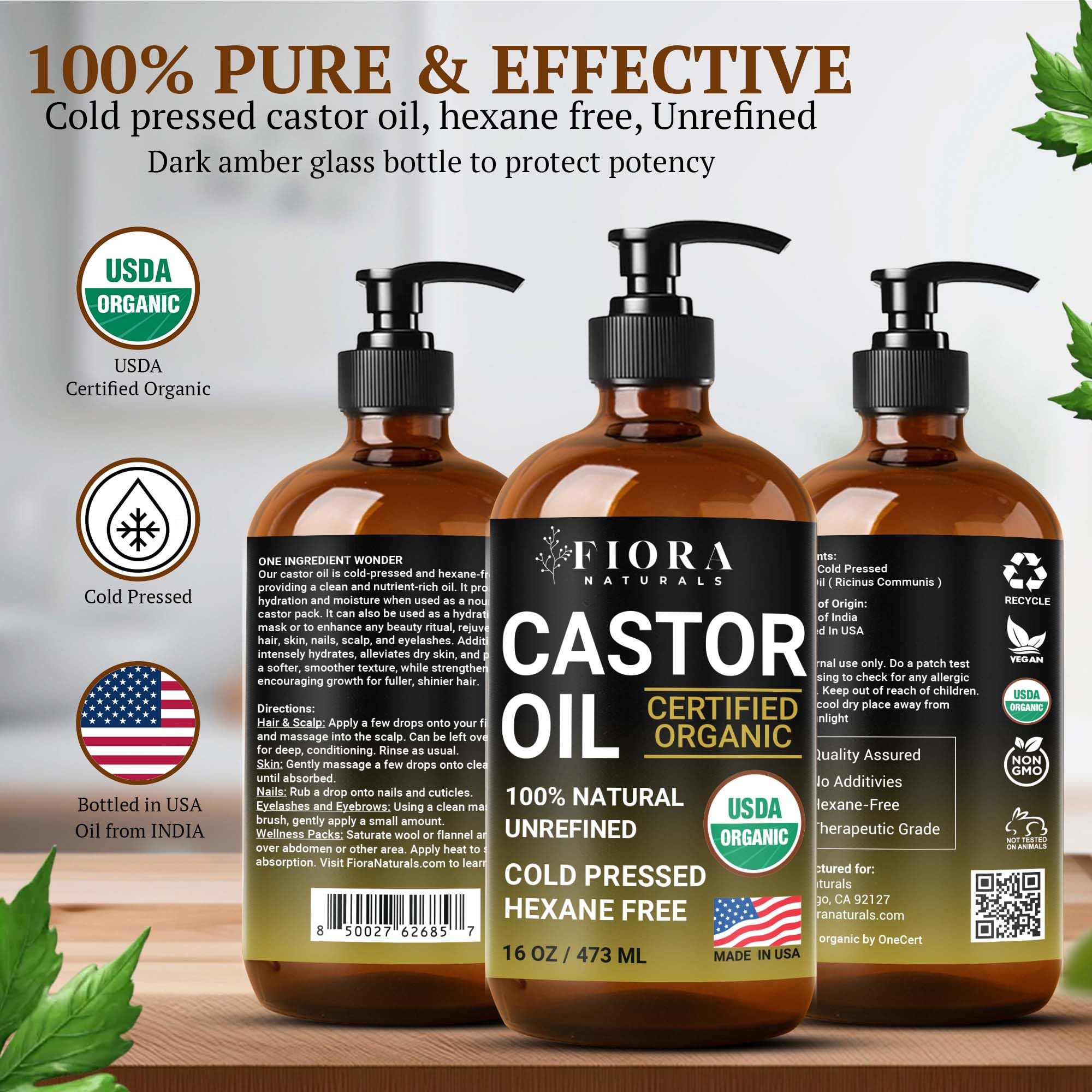 Fiora Naturals amber glass packaging supports multi-use hair skin and nails
