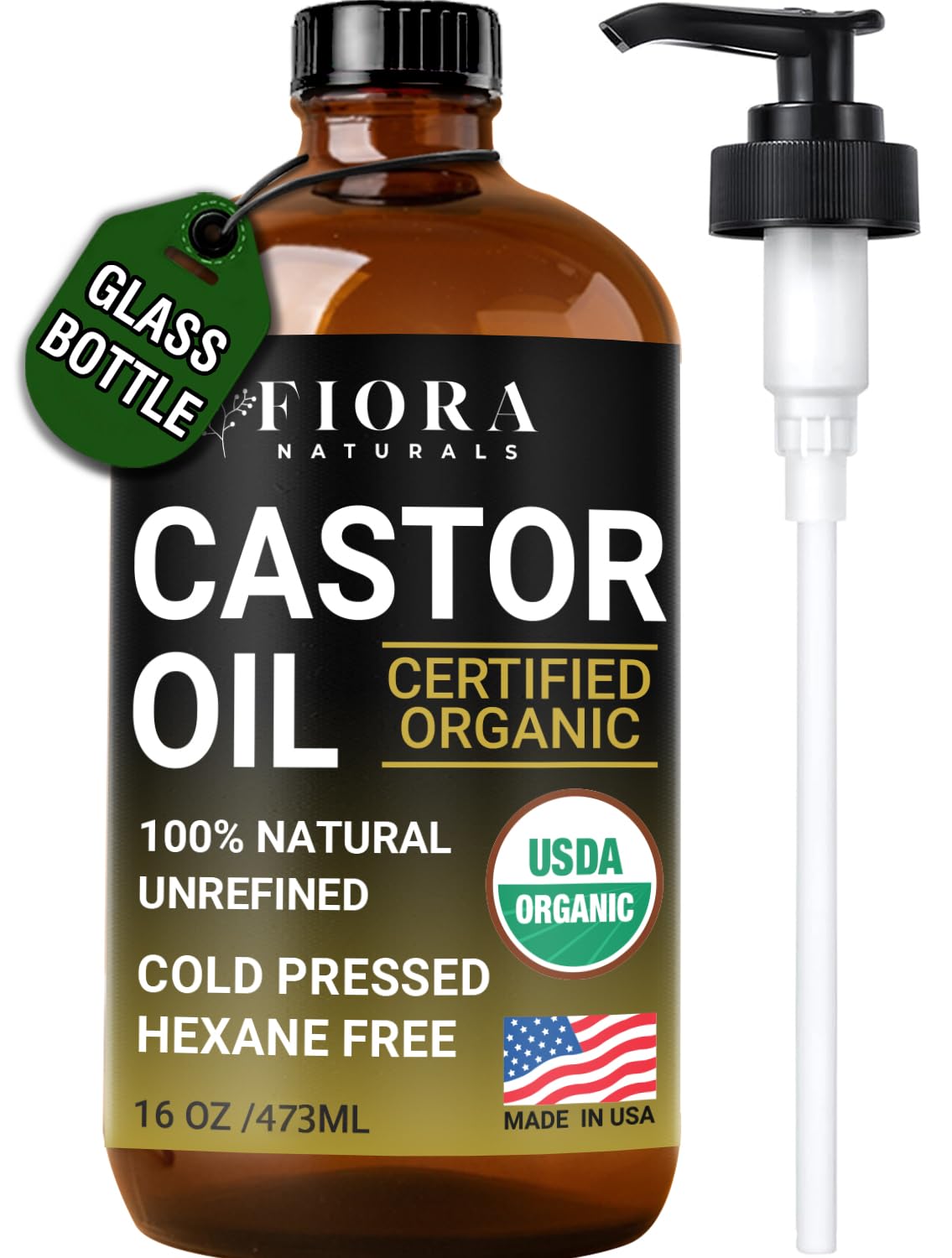 Fiora Naturals castor oil bottle with pump for easy hair nourishment