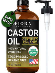 Fiora Naturals castor oil bottle with pump for easy hair nourishment