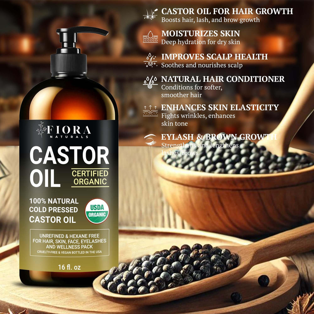 Fiora Naturals castor oil in a self-care ritual setup