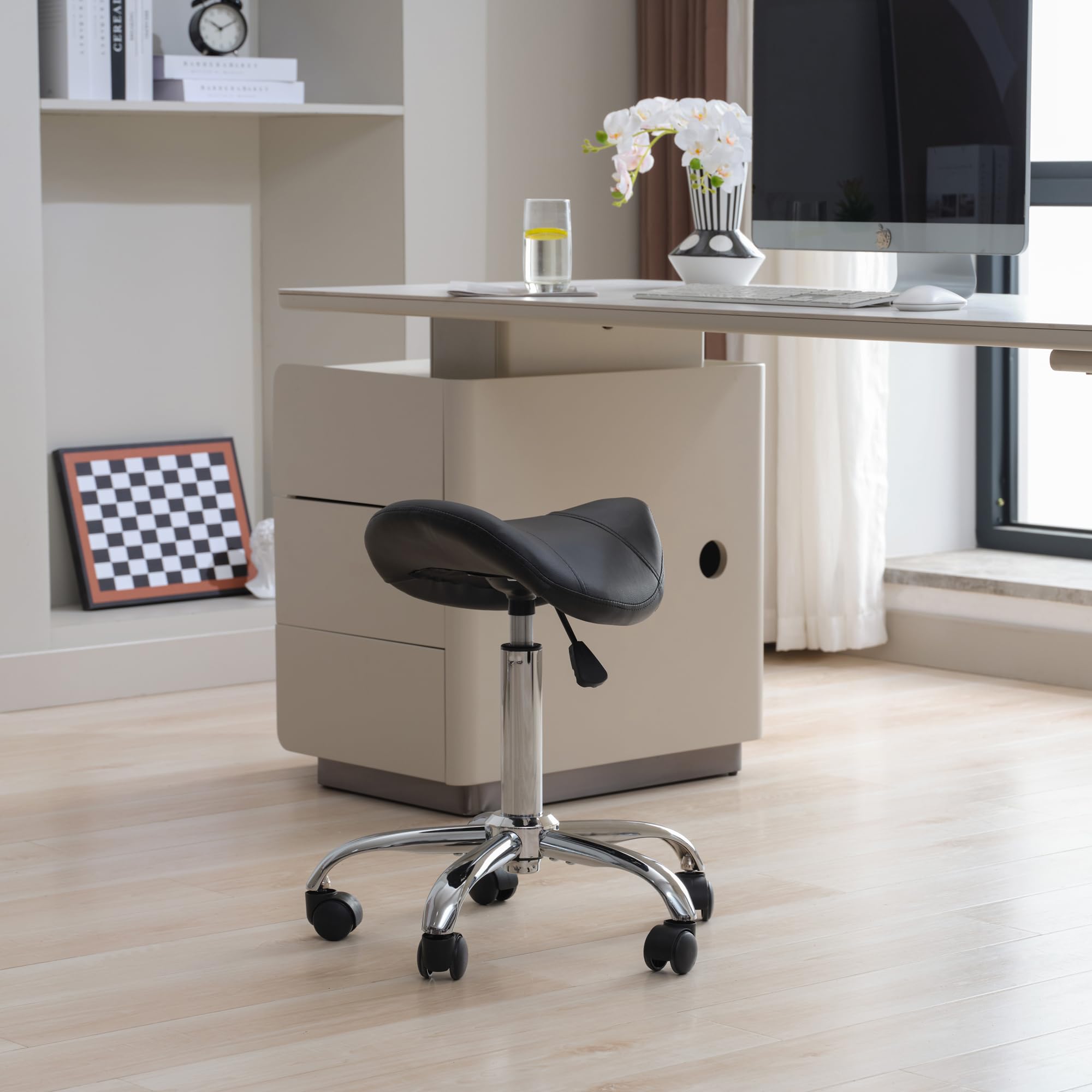 FIRAVOE saddle stool 360 swivel with quiet casters enhances mobility.