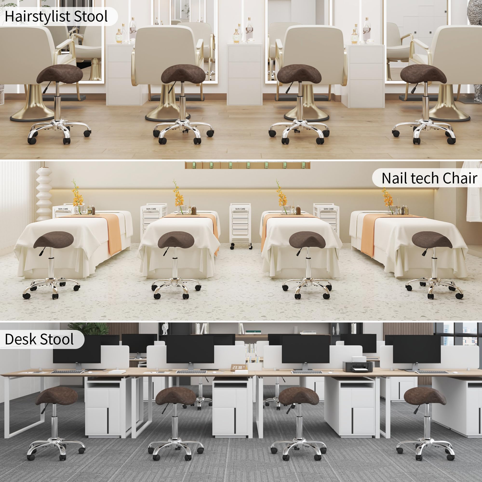 FIRAVOE saddle stool supports professionals like stylist, dentist, or technician in daily tasks