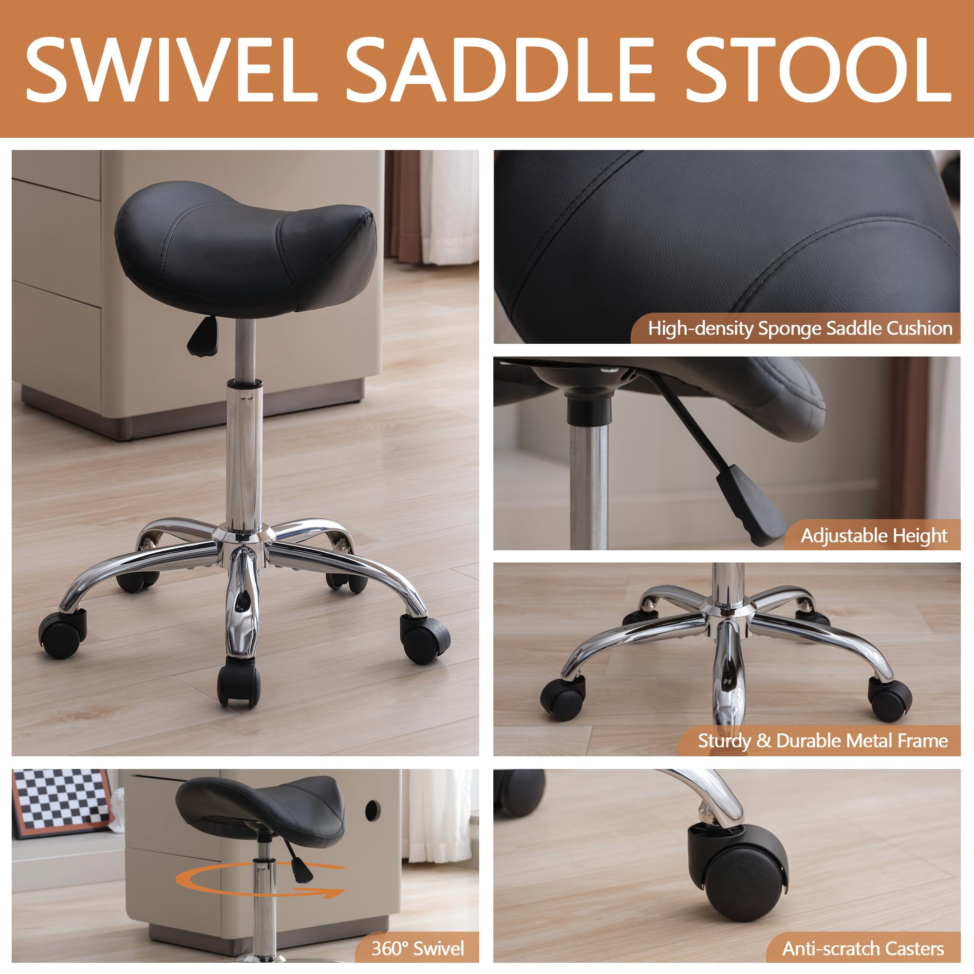 FIRAVOE saddle stool PU leather upholstery provides comfortable seating.