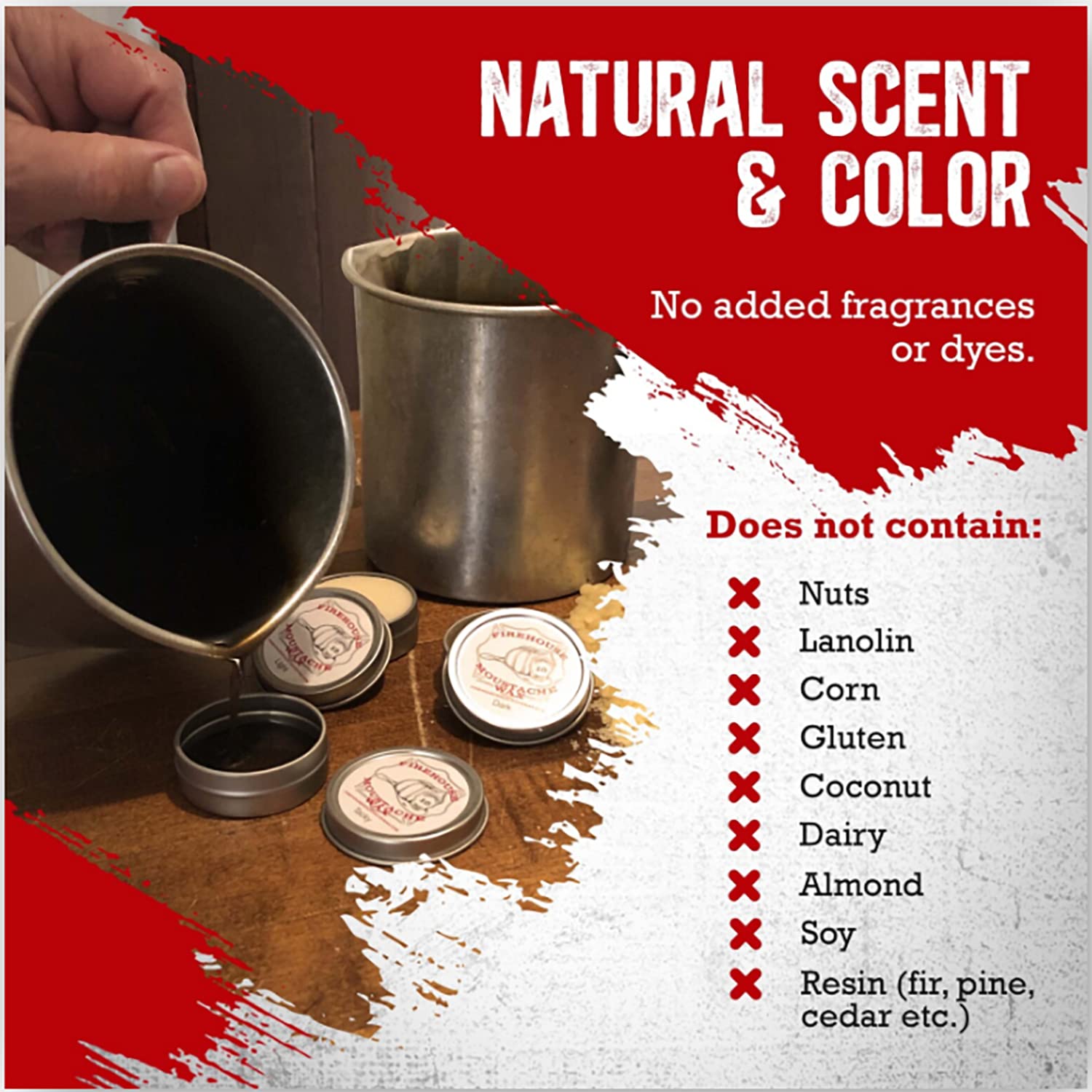 Firehouse Moustache Wax natural-scent color illustrates dye-free, naturally tinted styling