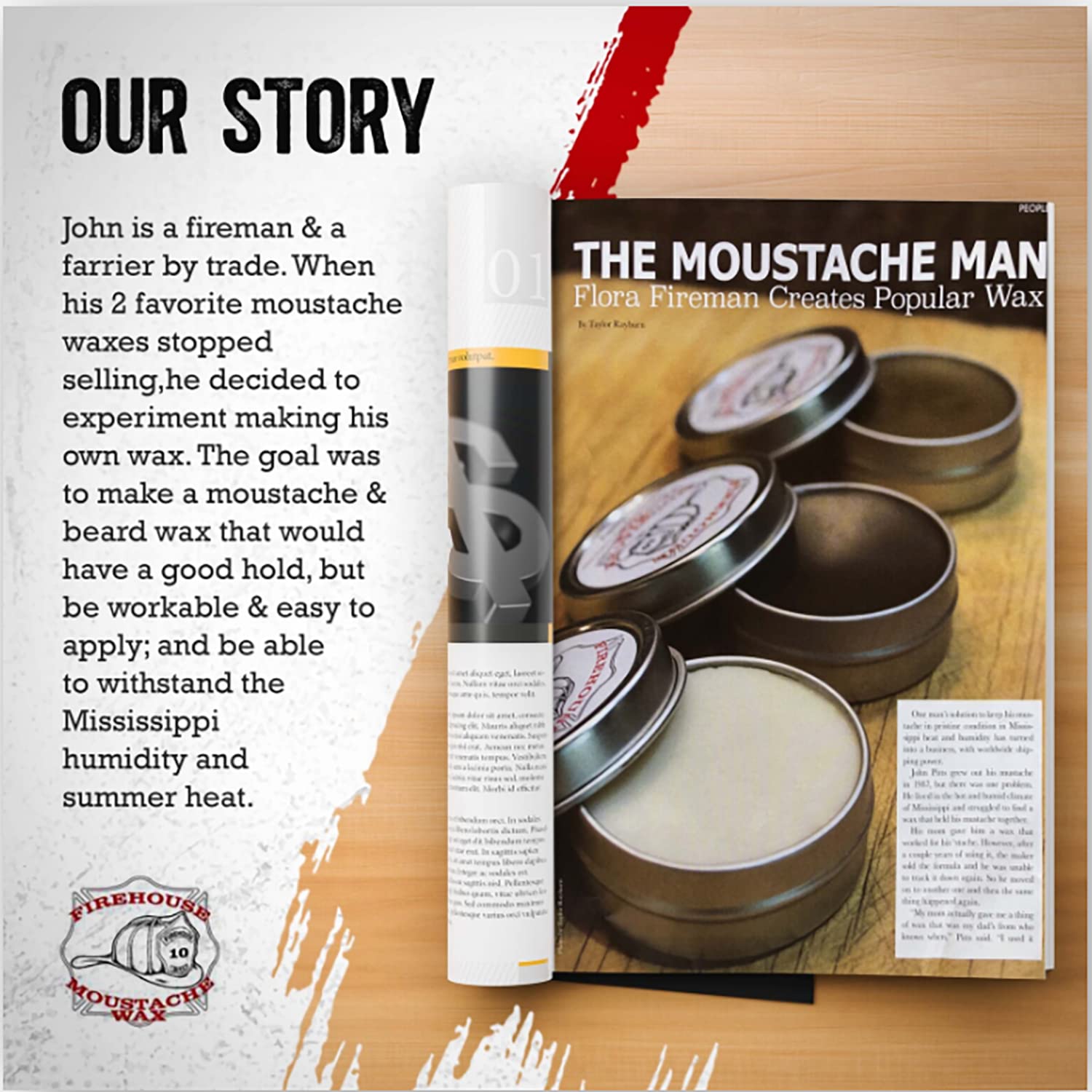 Firehouse Moustache Wax small-batch-made packaging conveys handcrafted authenticity