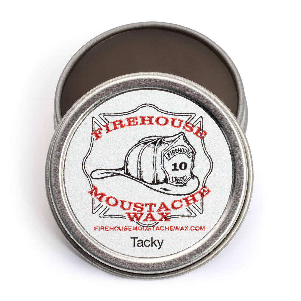 Firehouse Moustache Wax tin closeup shows strong hold for all-weather grooming