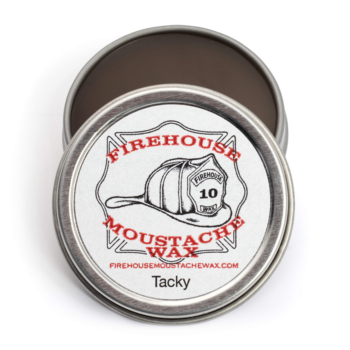 Firehouse Moustache Wax tin closeup shows strong hold for all-weather grooming