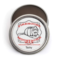 Firehouse Moustache Wax tin closeup shows strong hold for all-weather grooming
