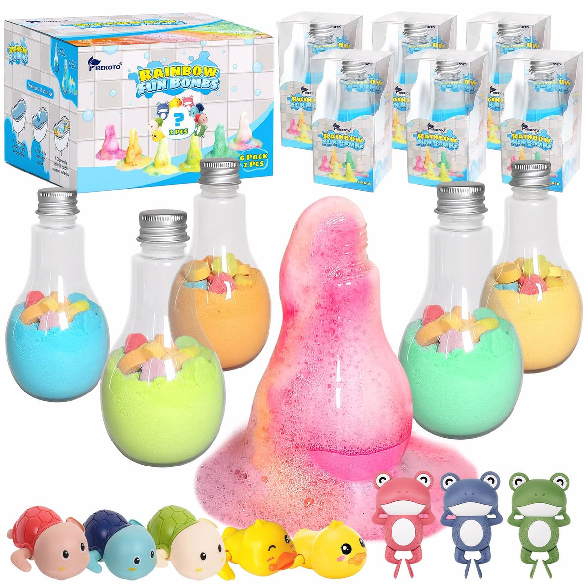 FireKOTO rainbow bath bombs 8-pack brighten kids' bath time with vibrant colors.