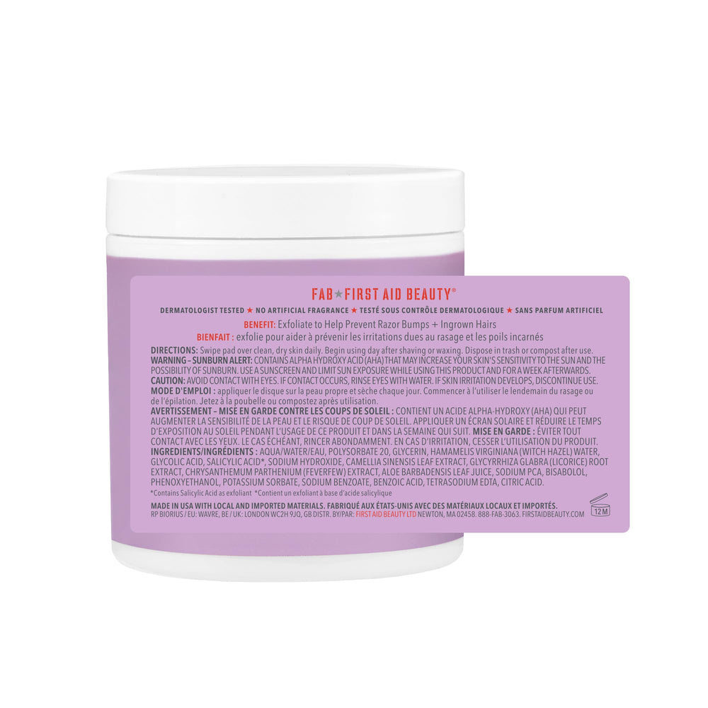 First Aid Beauty 28-pad box for convenient post-shave care anywhere.