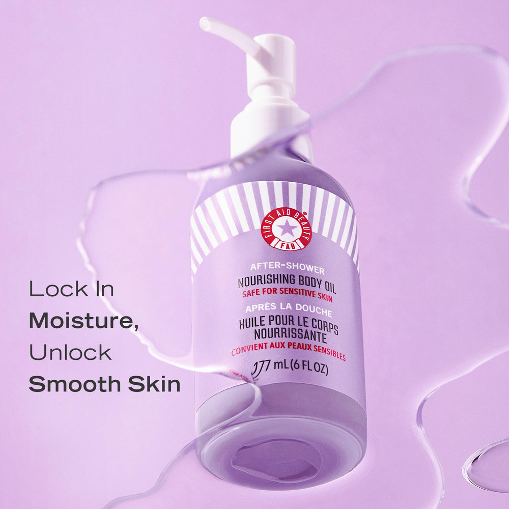 First Aid Beauty After-Shower Nourishing Body Oil drops on skin show hydrating feel and relief