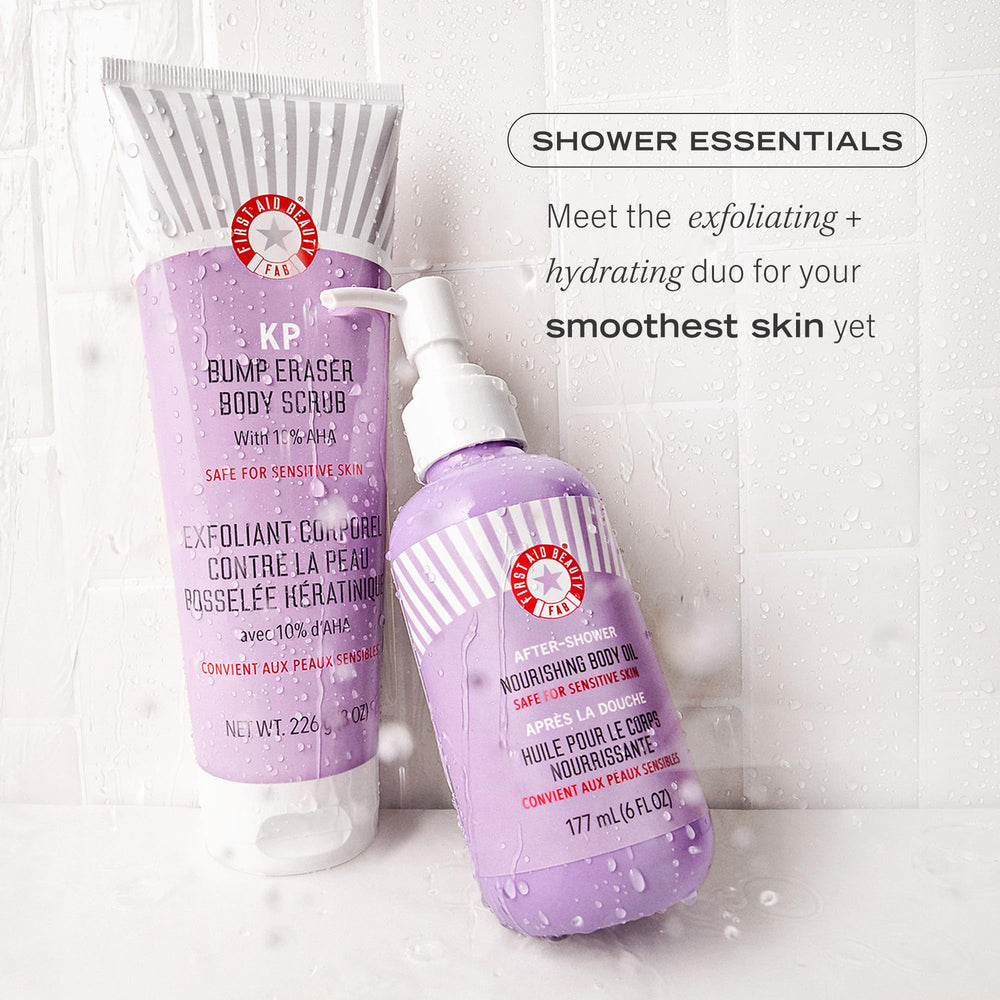 First Aid Beauty After-Shower Nourishing Body Oil locking in moisture after shower