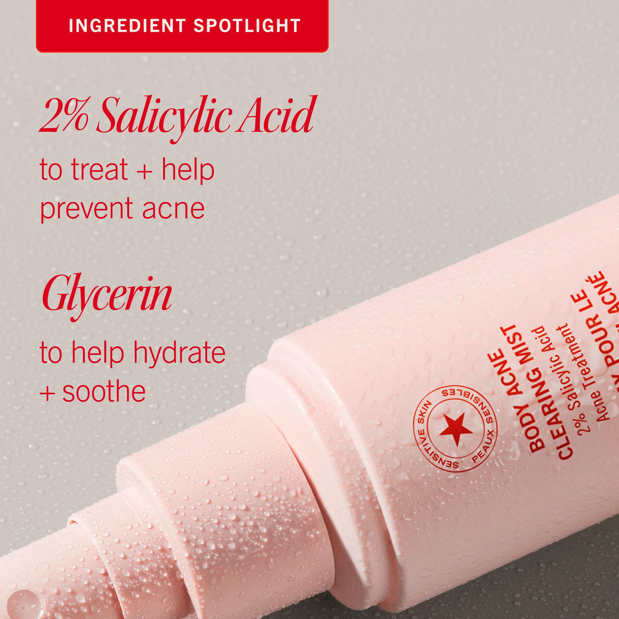 First Aid Beauty Body Acne Spray glycerin-based formula hydrates skin.
