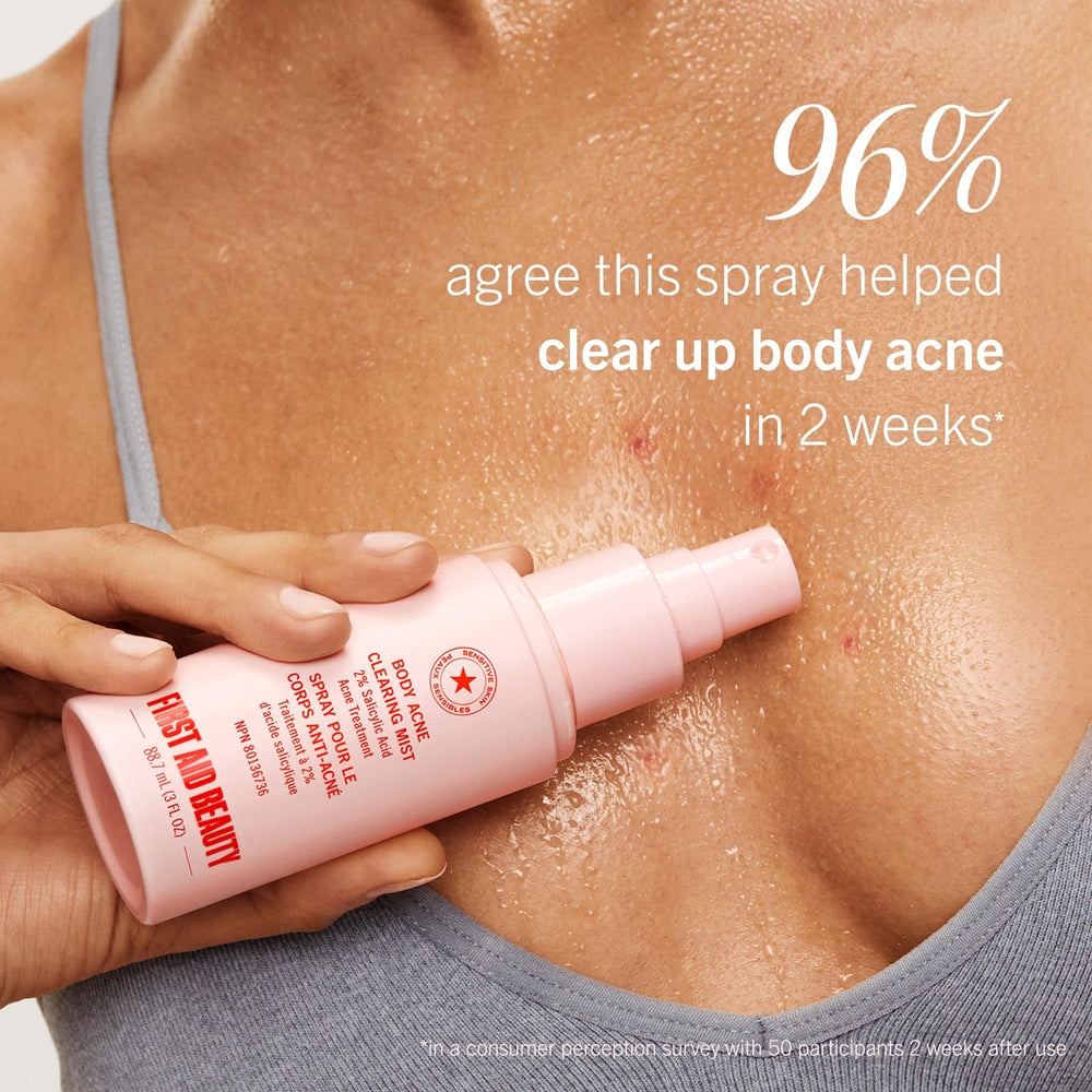 First Aid Beauty Body Acne Spray quick-drying mist leaves no residue.