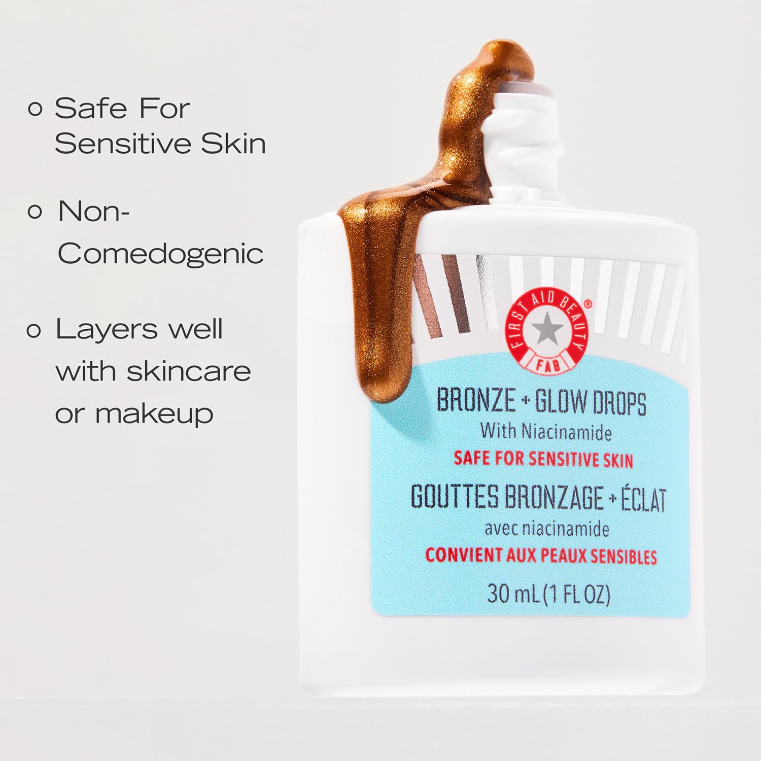 First Aid Beauty Bronze Glow Drops on skin blurs pores effectively