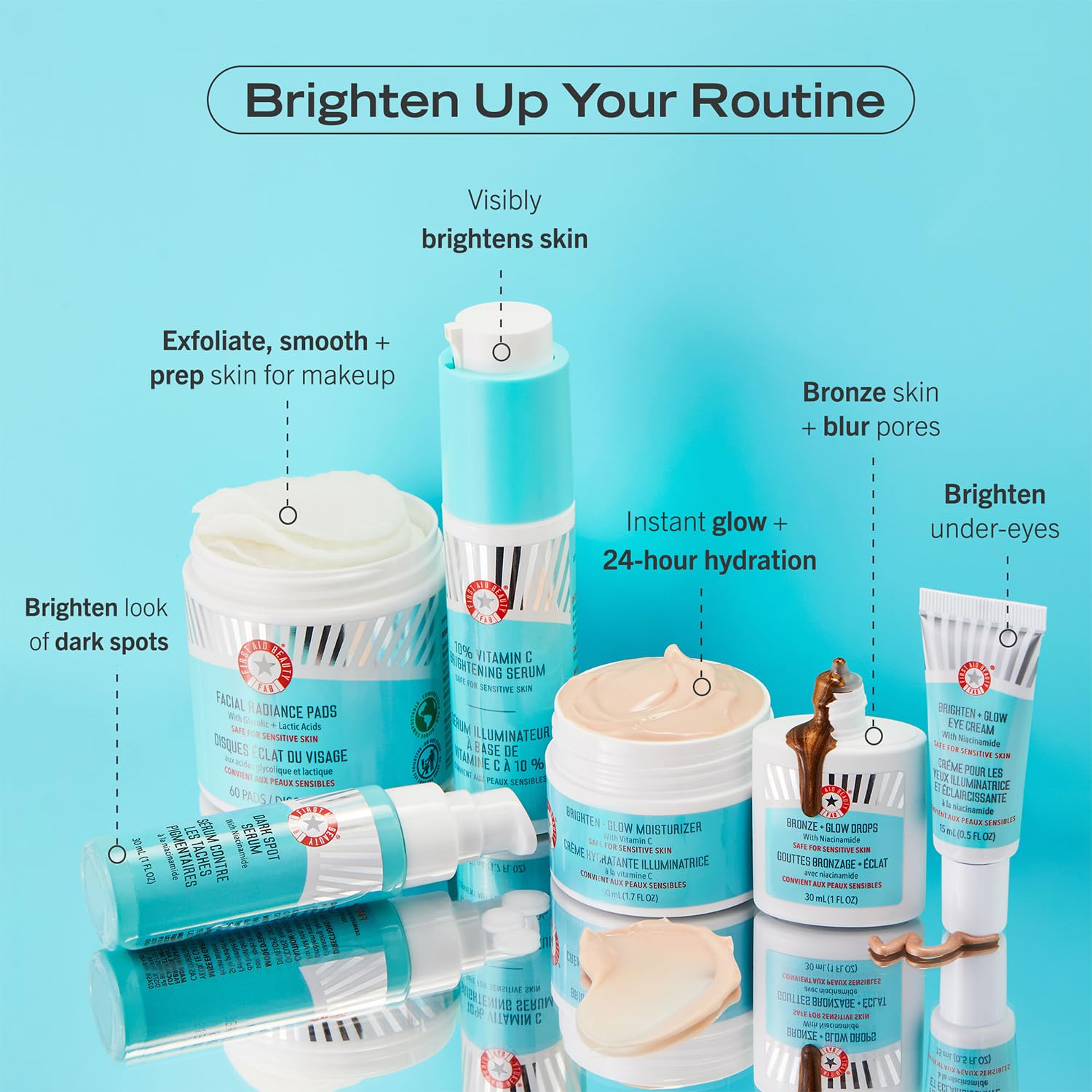 First Aid Beauty Bronze Glow Drops packaging and product details highlight
