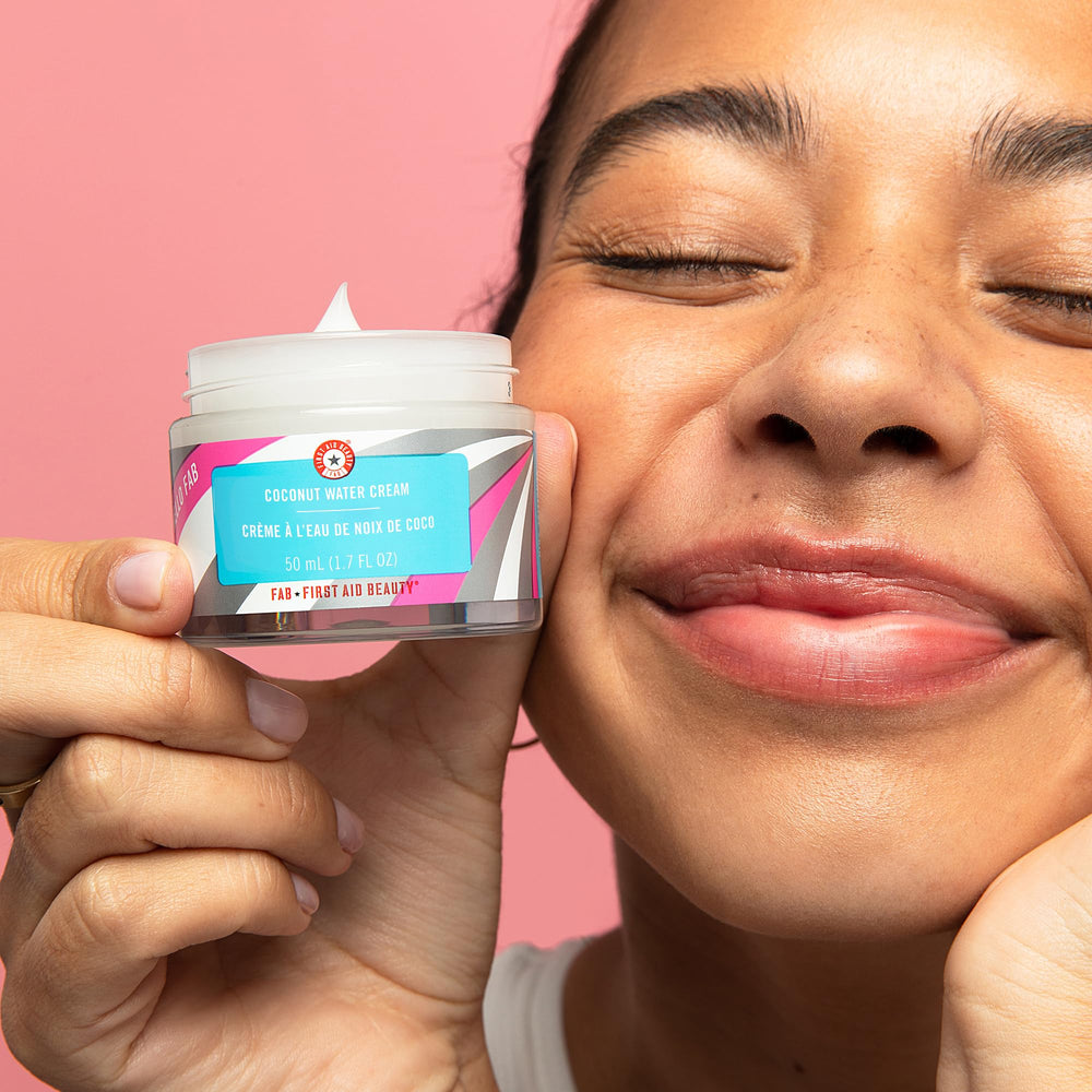 First Aid Beauty Coconut Water Cream close up shows hydration for smoother plumper skin